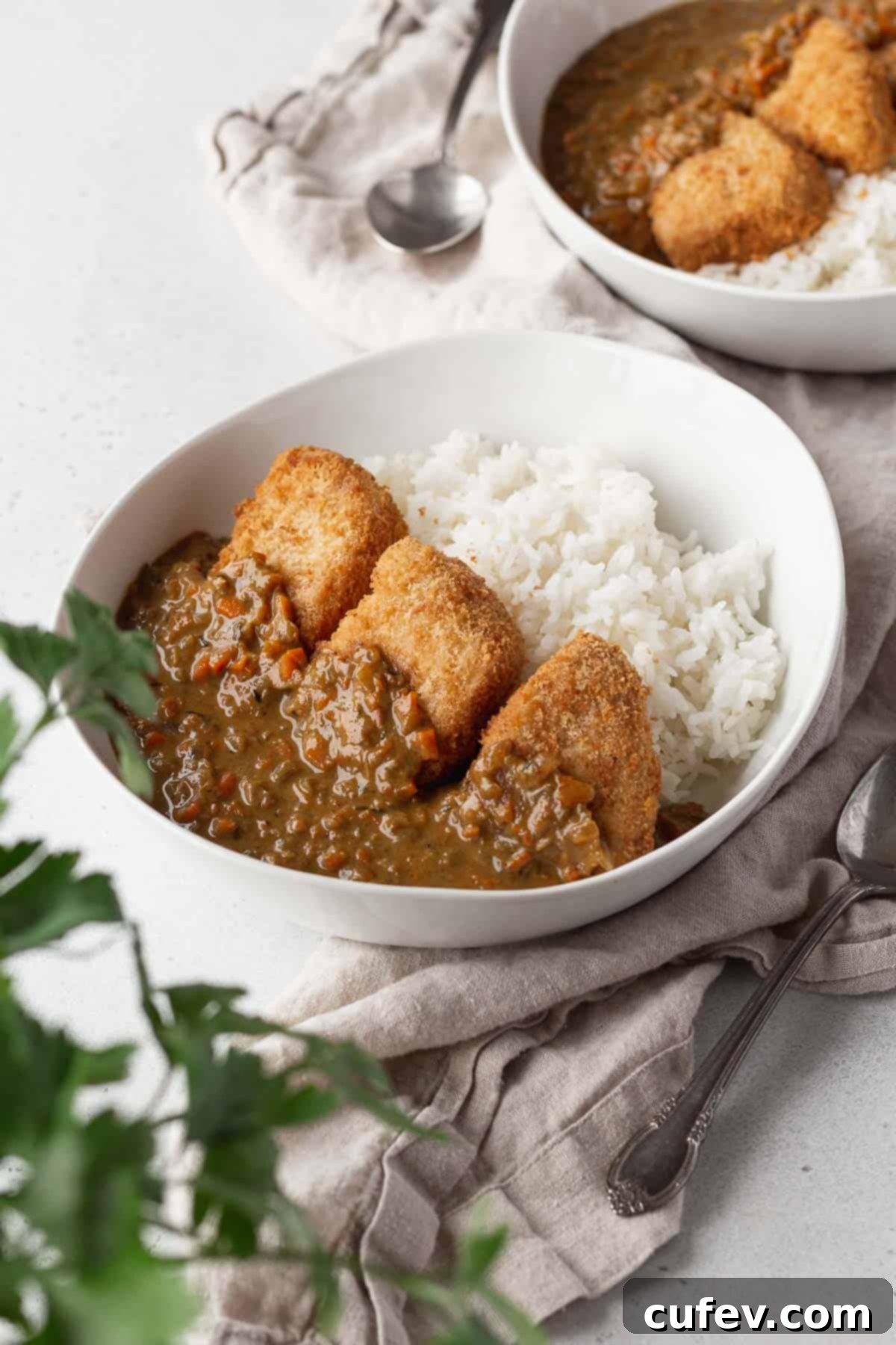 A beautifully plated bowl of vegan katsu curry, featuring golden-brown jackfruit katsu slices over white rice, generously drizzled with rich, dark Japanese curry sauce, garnished with fresh parsley.