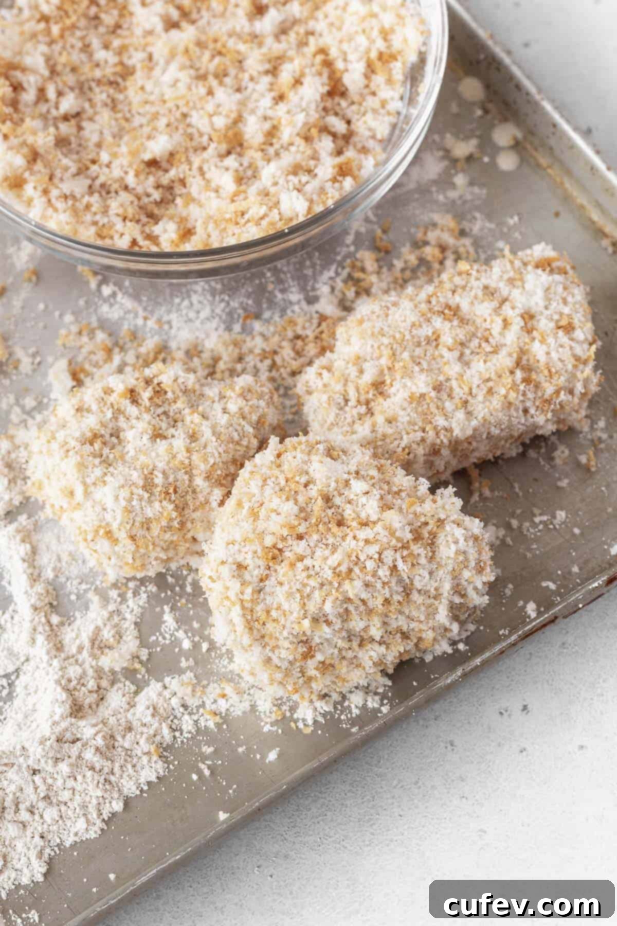 Battered jackfruit pieces generously coated with light and airy panko breadcrumbs, forming a perfectly crisp layer.