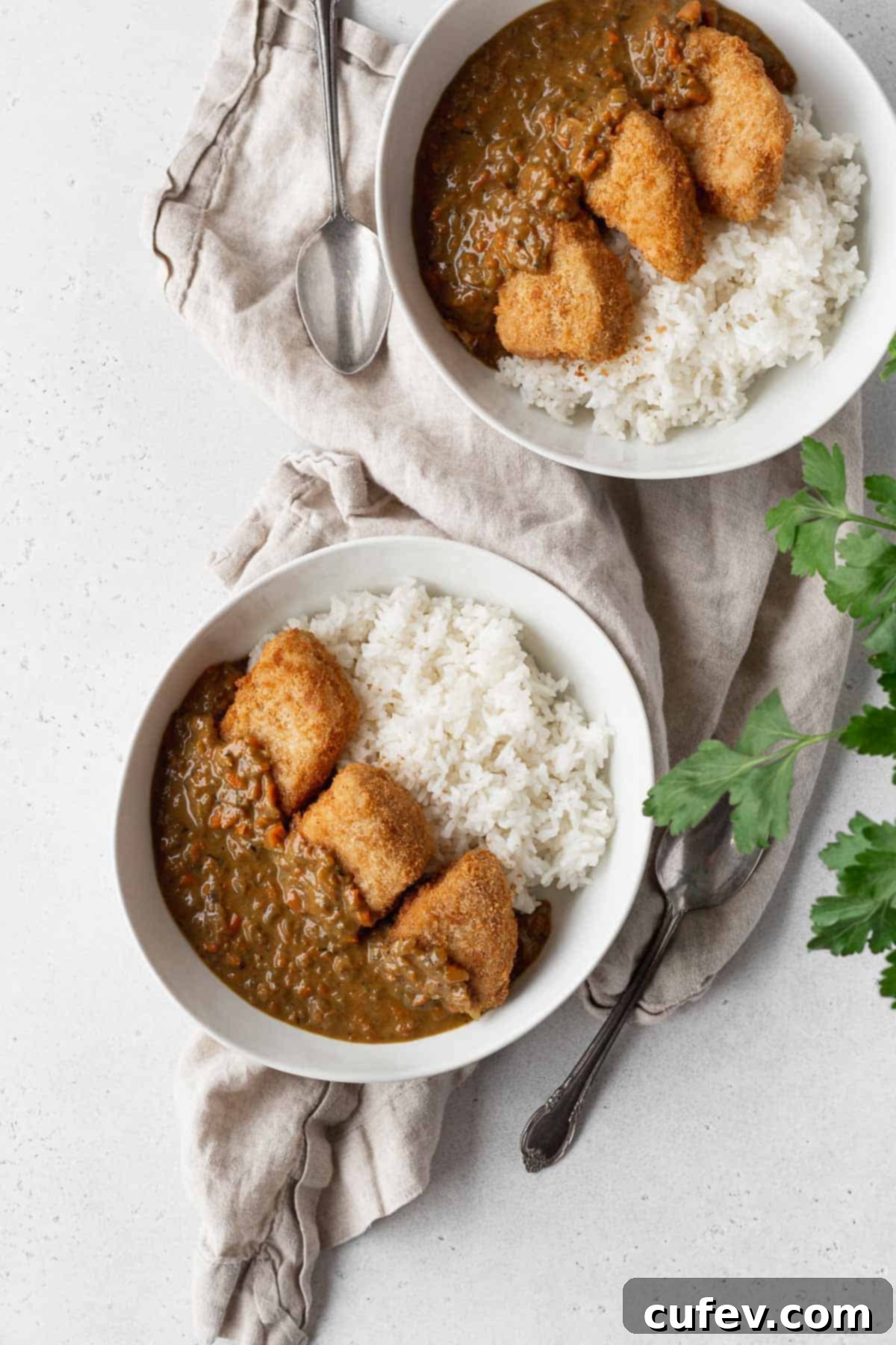 An overhead shot showcasing two bowls of beautifully arranged Japanese vegan katsu curry, with fluffy white rice, golden jackfruit katsu, and a generous pour of rich curry sauce.