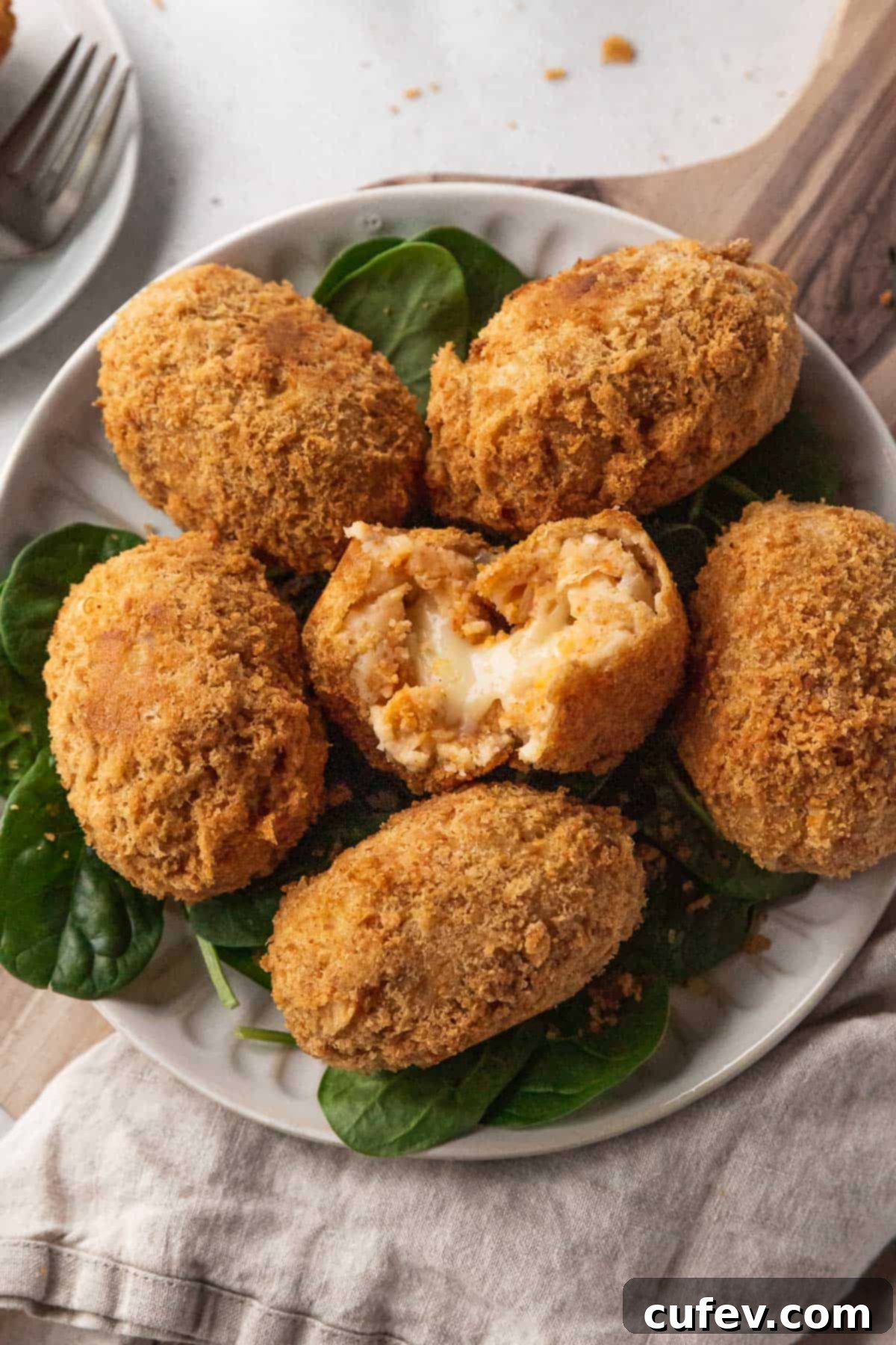 Closeup on serving platter of potato croquettes with the center one broken open to reveal the gooey, cheesy center.