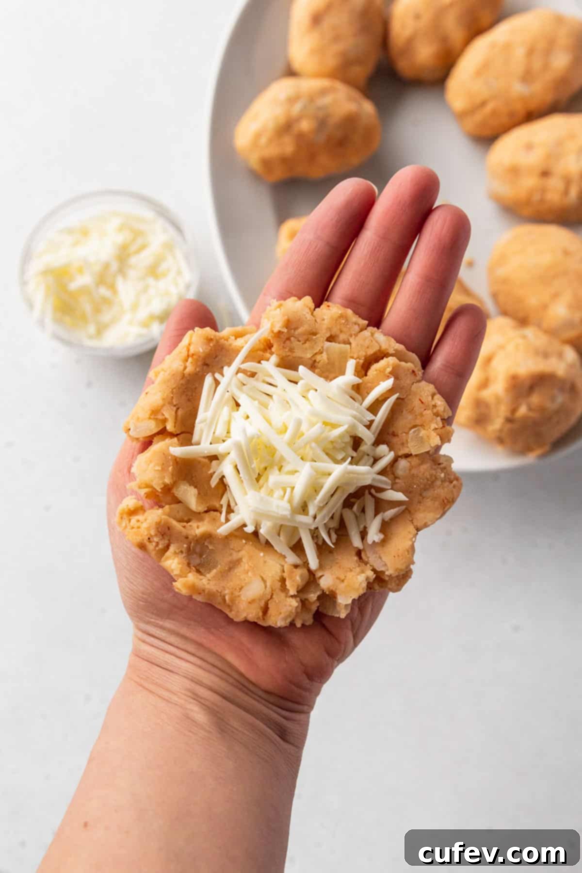Shredded vegan cheese added to the center pocket of the potato croquette dough.