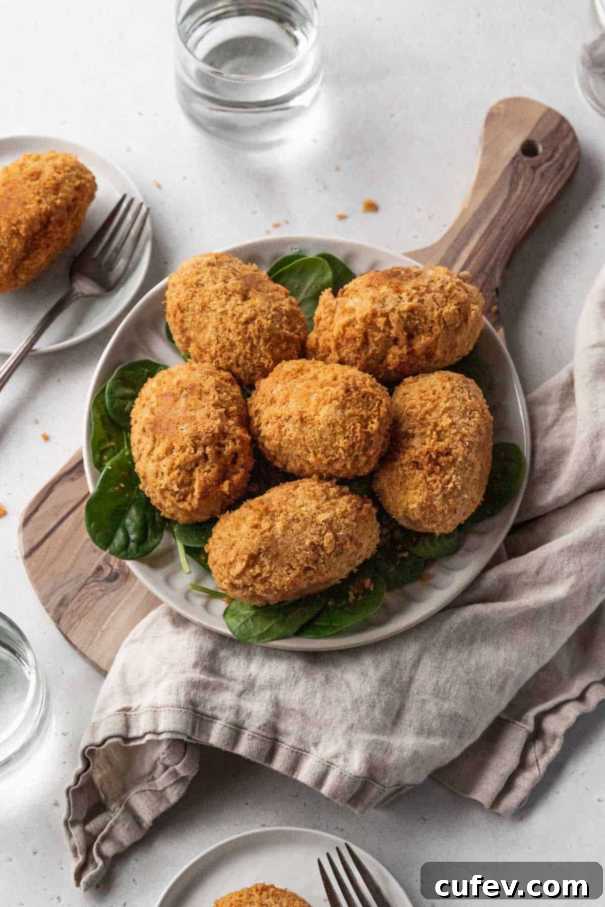 Closeup on serving platter of vegan potato croquettes.