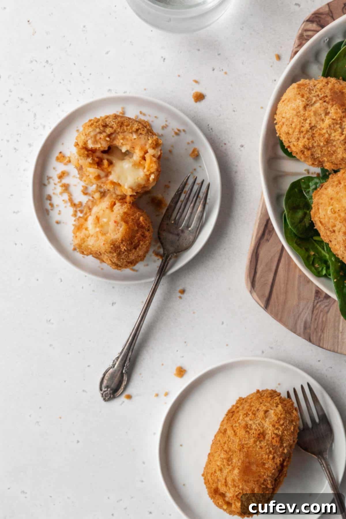 Flat lay shot of a serving of vegan potato and cheese croquette on a small white plate with an antique silver fork.