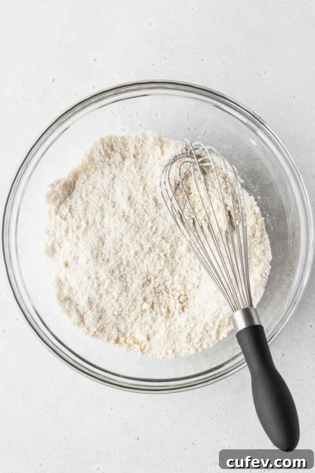 Guilt-Free Cupcakes 5 Dry ingredients like flour, sugar, baking powder, and salt, whisked together in a clear glass mixing bowl, with softened vegan butter about to be added.