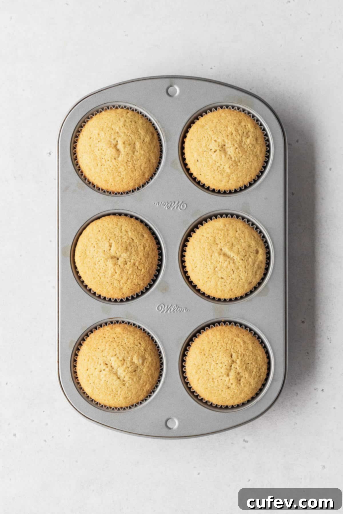 Guilt-Free Cupcakes 9 Muffin tin showing six perfectly baked, golden-brown dairy-free vanilla cupcakes, risen beautifully in their liners.