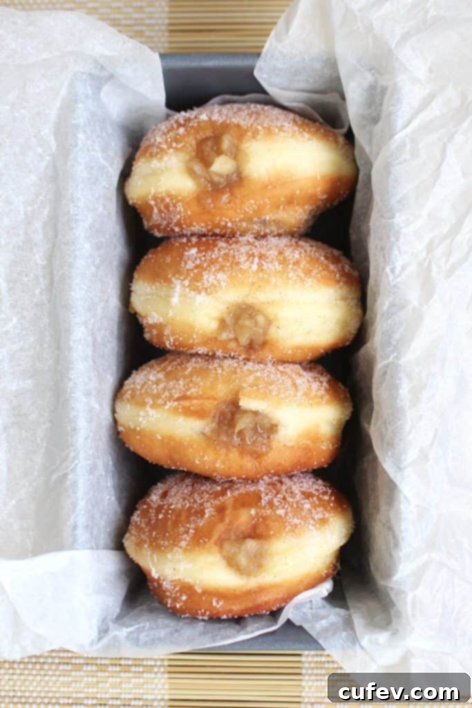 Freshly fried, sugar-coated apple doughnuts cooling on a wire rack