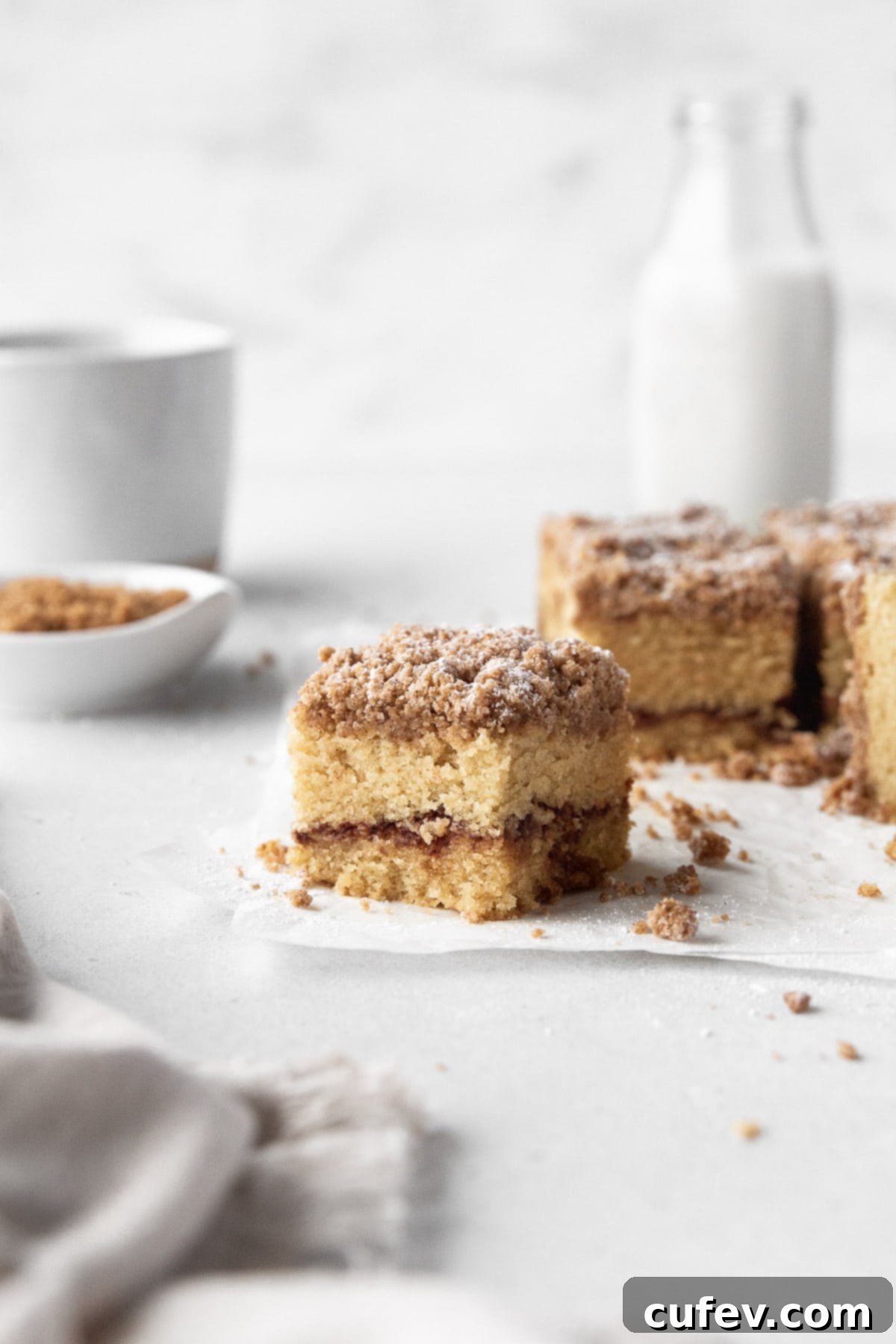 Square of delicious GF cinnamon crumble cake with the remaining cake, extra crumble topping, and a jug of milk in the background, ready to be served.