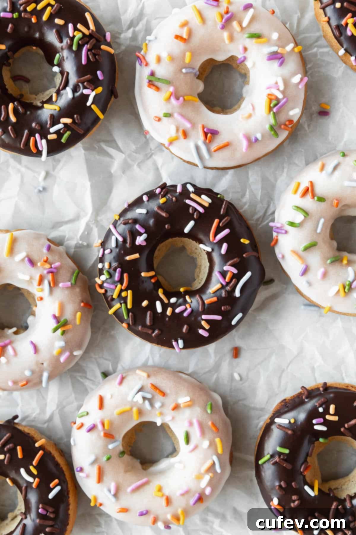 Close up shot of vanilla and chocolate glazed vegan baked donuts on a crumpled piece of parchment.