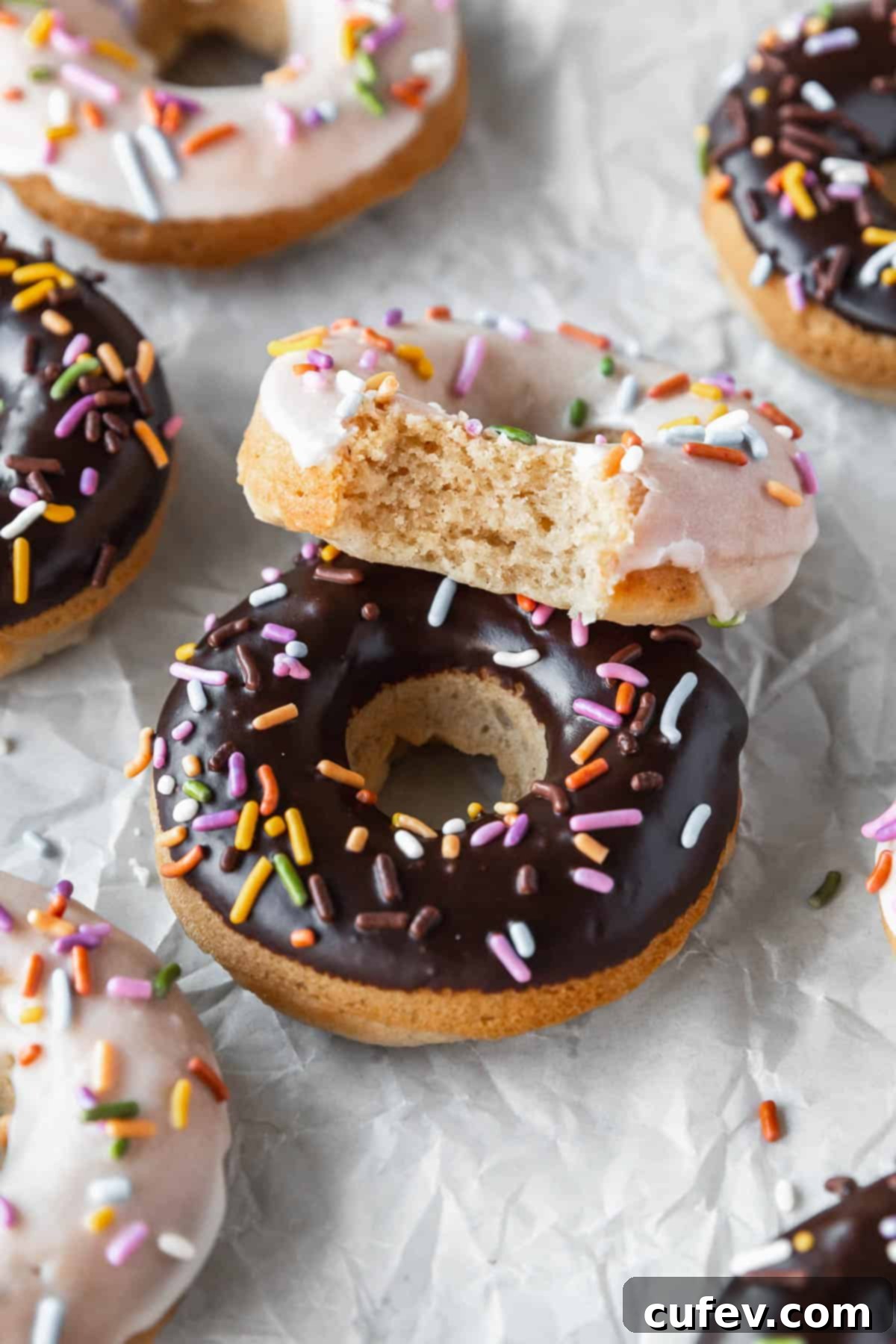 45 degree angle shot of a chocolate glazed and sprinkled donut with a vanilla glazed vegan doughnut with a bite taken out to show the tender crumbed interior.