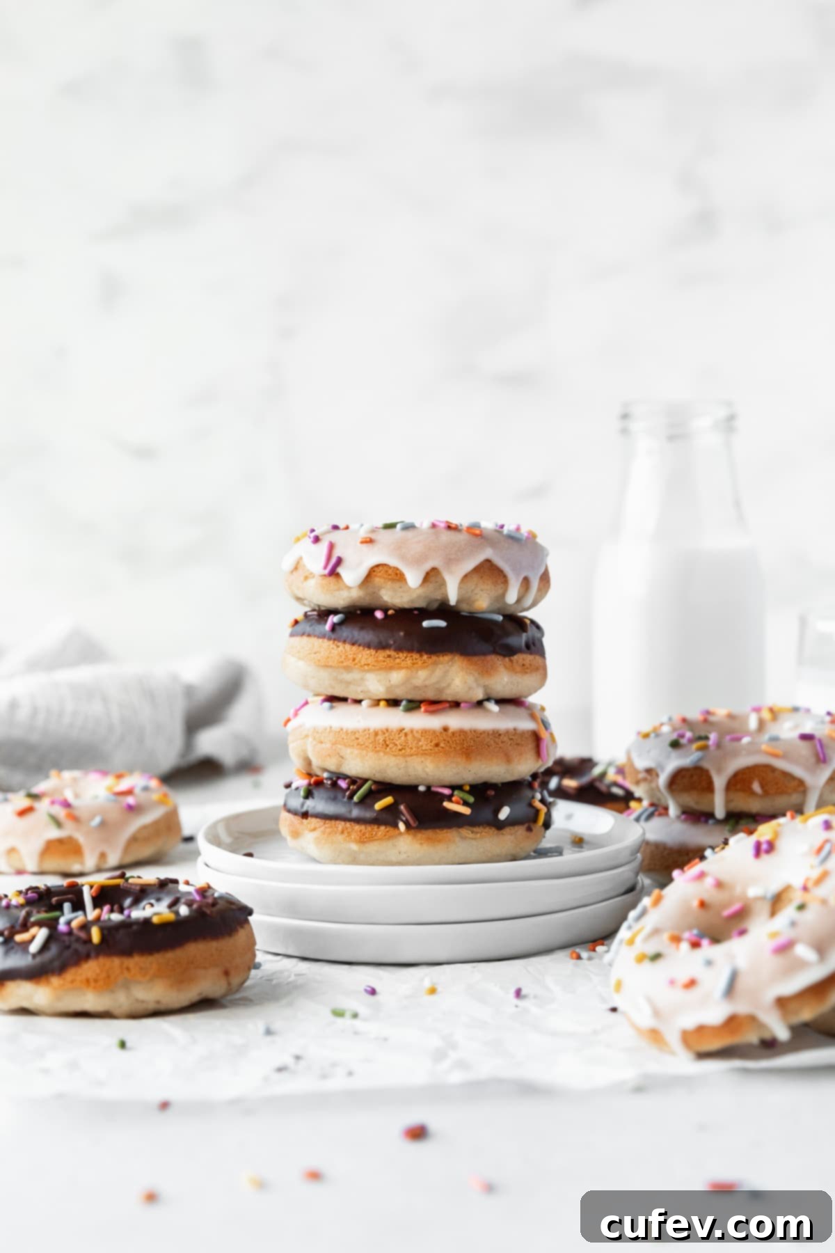 Stack of alternating chocolate and vanilla glazed baked vegan donuts on a stack of white dessert plates with a jug of non-dairy milk in the background.