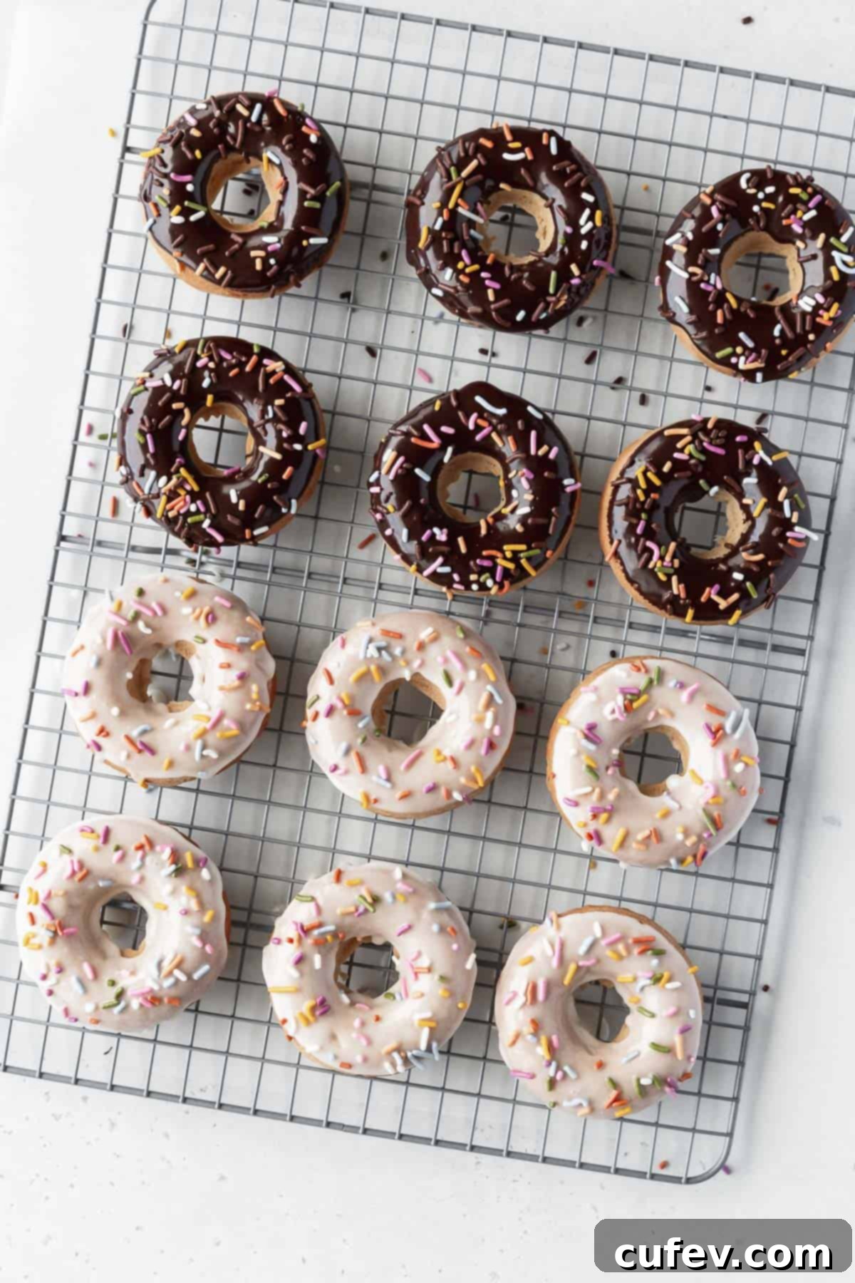 Overhead shot of 6 chocolate glazed and 6 vanilla glazed dairy free vegan donuts on a cooling rack.
