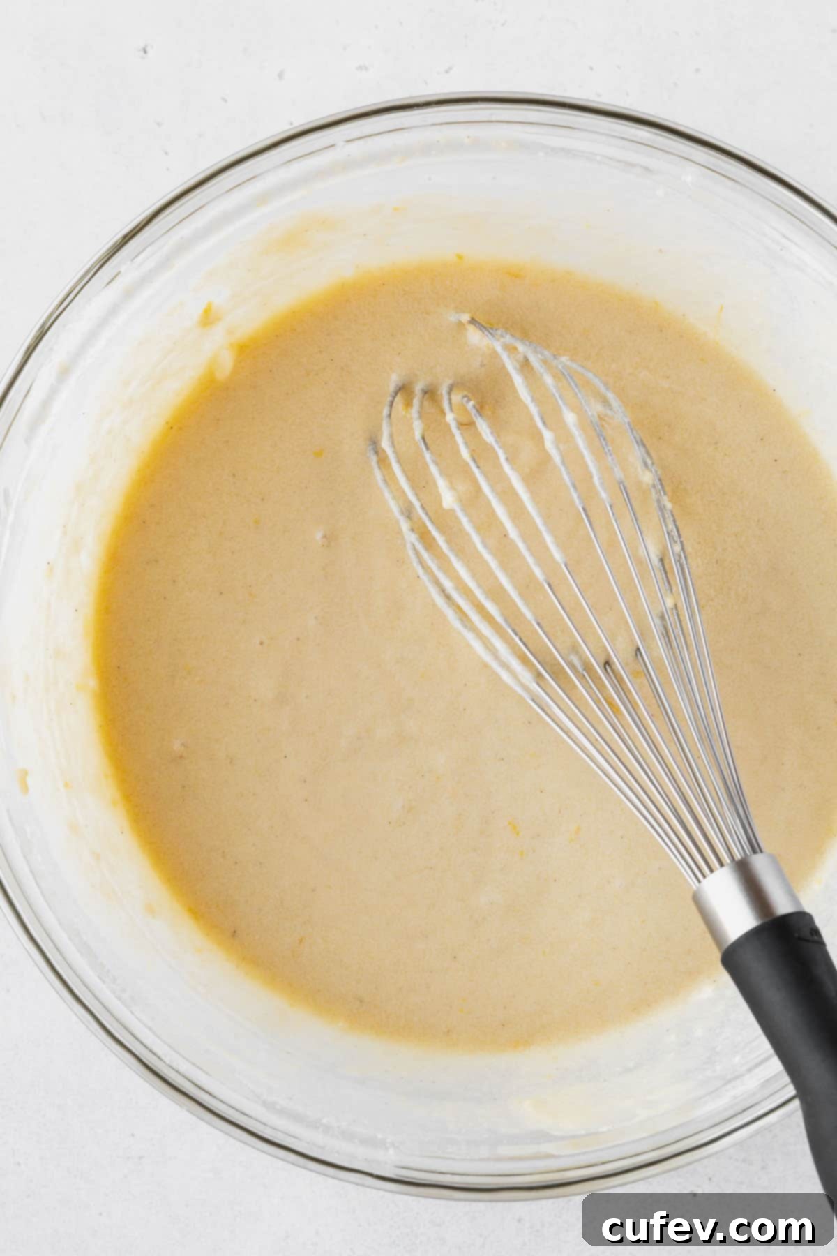 Completed lemon cake batter after whisking until smooth.
