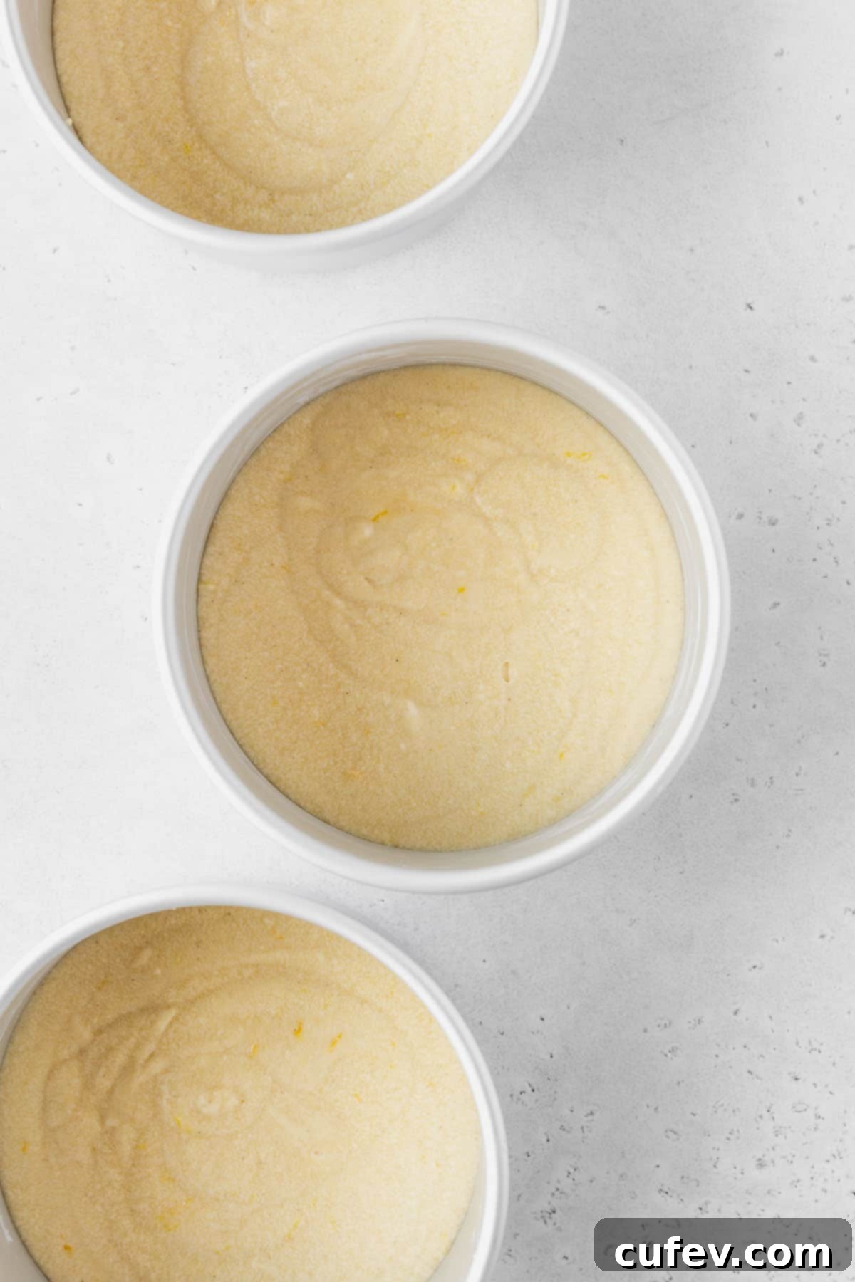 Three 6-inch cake tins filled with lemon cake batter before baking.