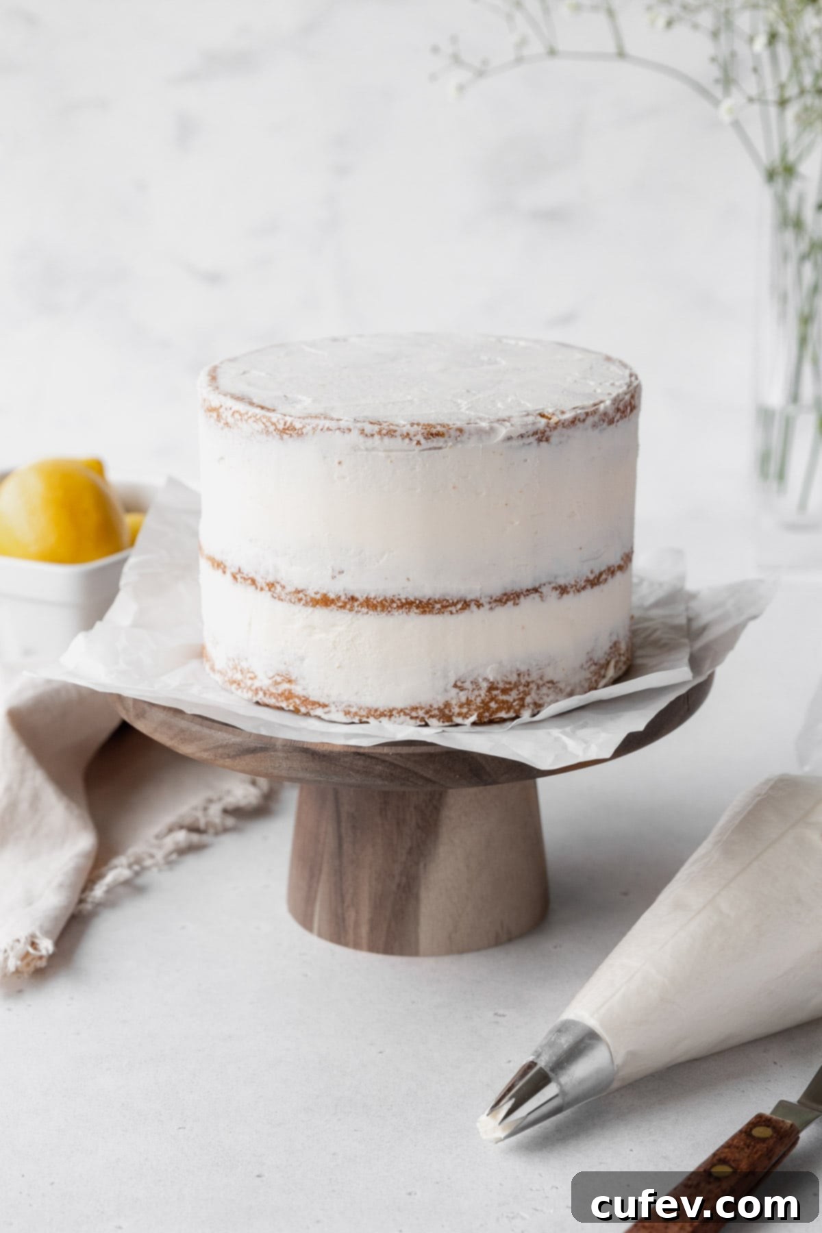 Lemon curd cake after being assembled into 3 layers and given a crumb coat.