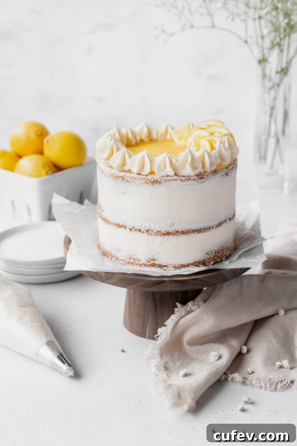Lemon birthday cake decorated with lemon curd and lemon buttercream.