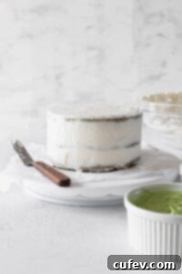 Crumb coated matcha cake.