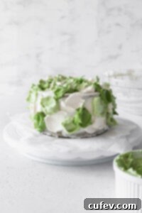 Cake covered in dollops of vanilla and matcha frosting.