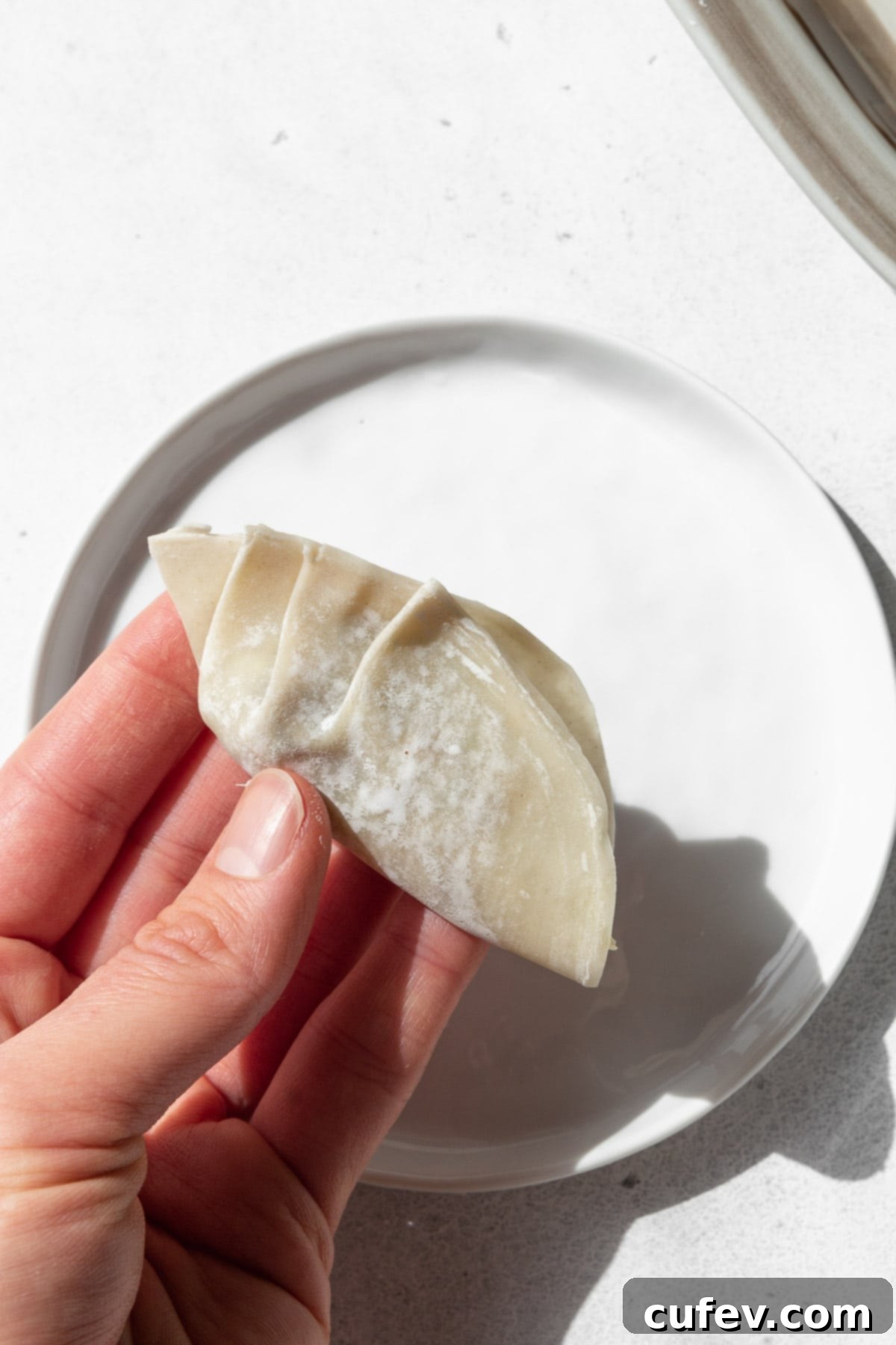 Demonstrating how to make pleats on the dumpling wrapper using fingers for a classic gyoza shape.