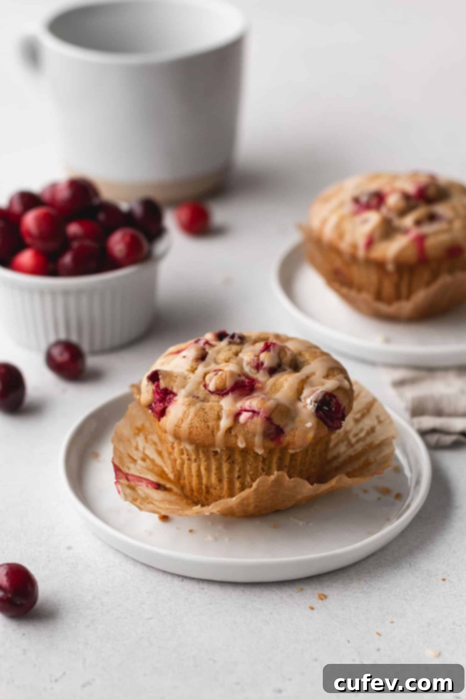 A single gluten-free dairy-free cranberry orange muffin, lightly drizzled with icing, placed on a plain white plate.