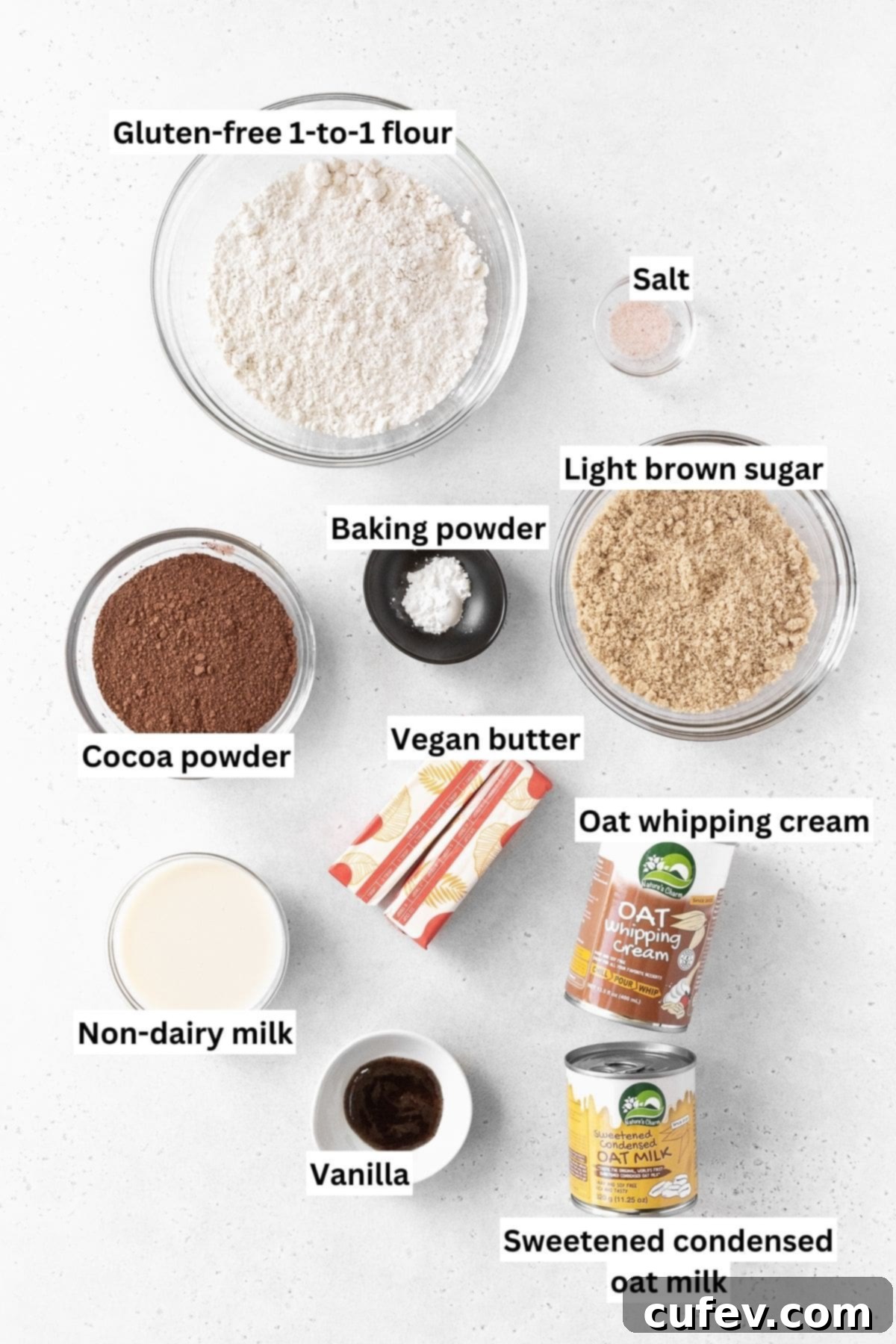 All the necessary ingredients for crafting delicious gluten-free ice cream sandwiches, neatly arranged on a clean white background.