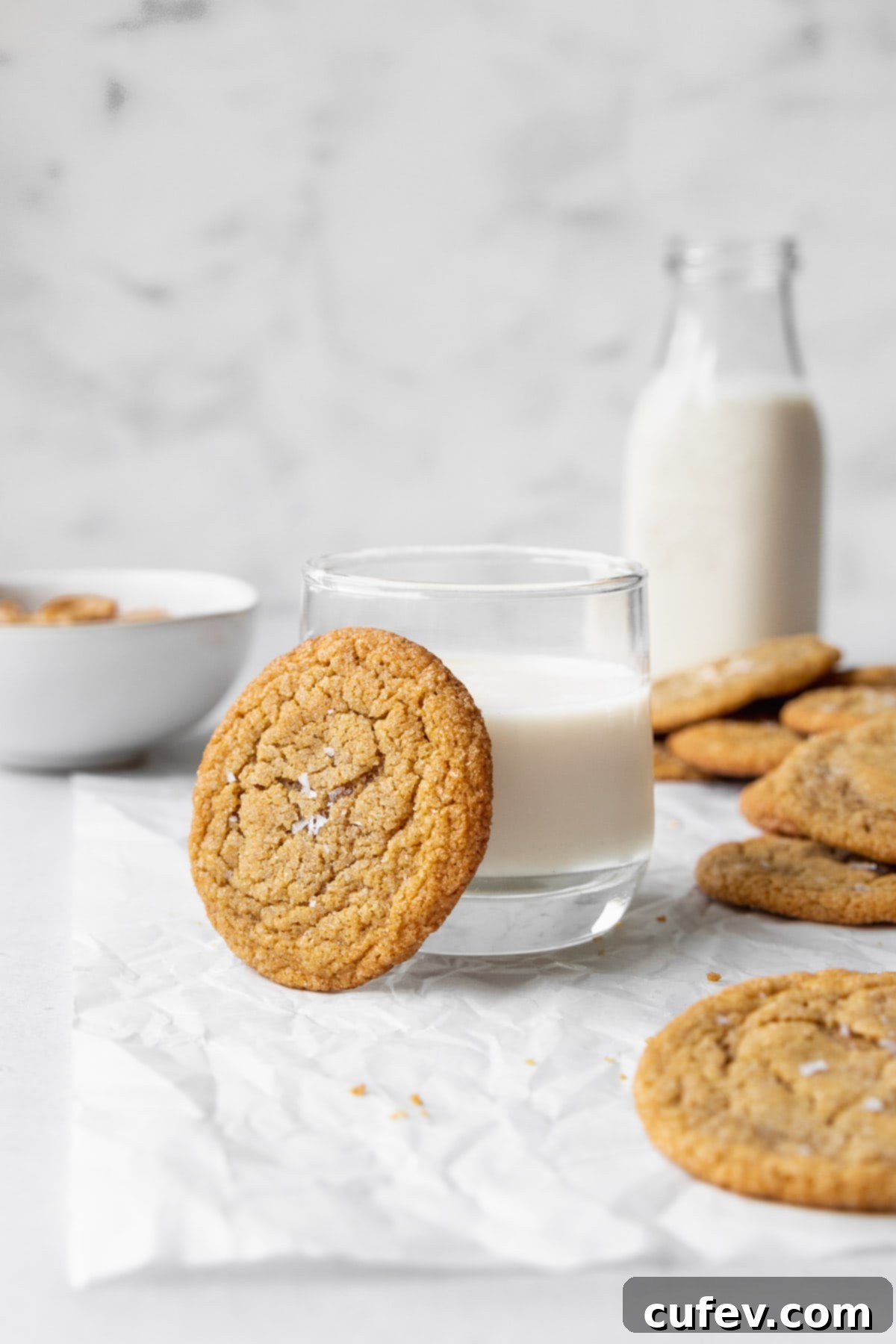 A perfectly baked dairy-free peanut butter cookie resting invitingly on the rim of a glass of non-dairy milk, ready for a delicious dunk.