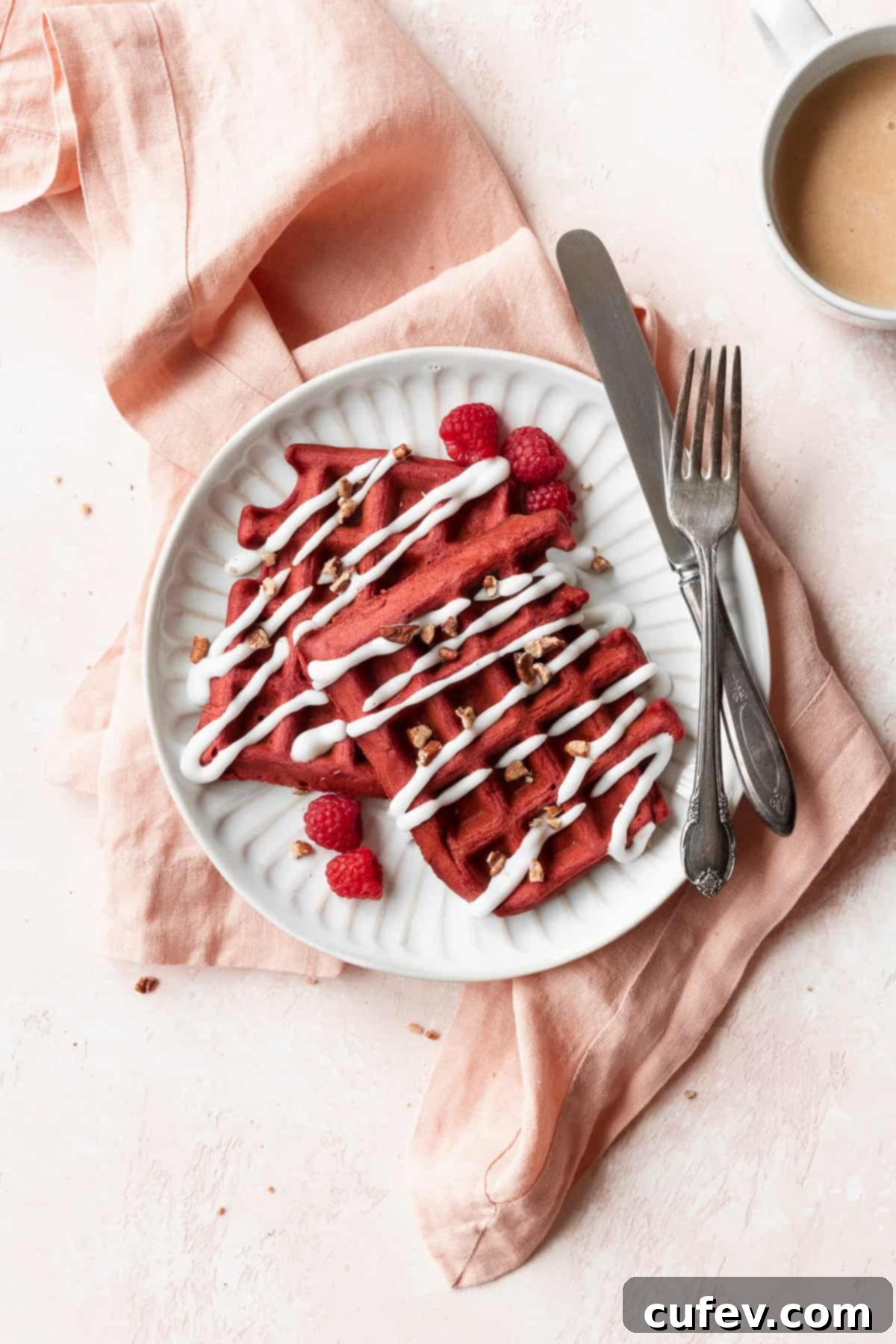 An overhead shot of a white plate of red velvet waffles with cream cheese drizzle and pecans.