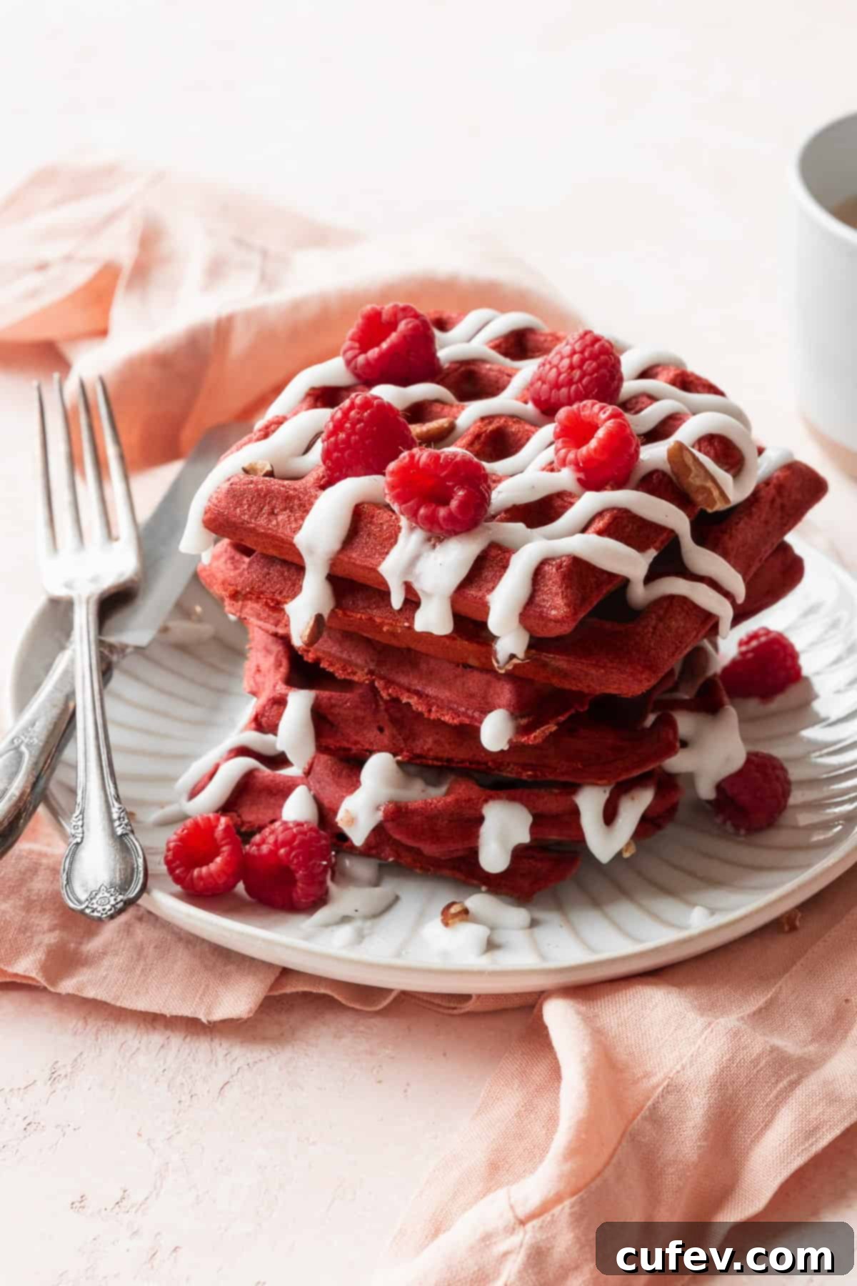 A side shot of a stack of red velvet waffles with cream cheese glaze and raspberries.