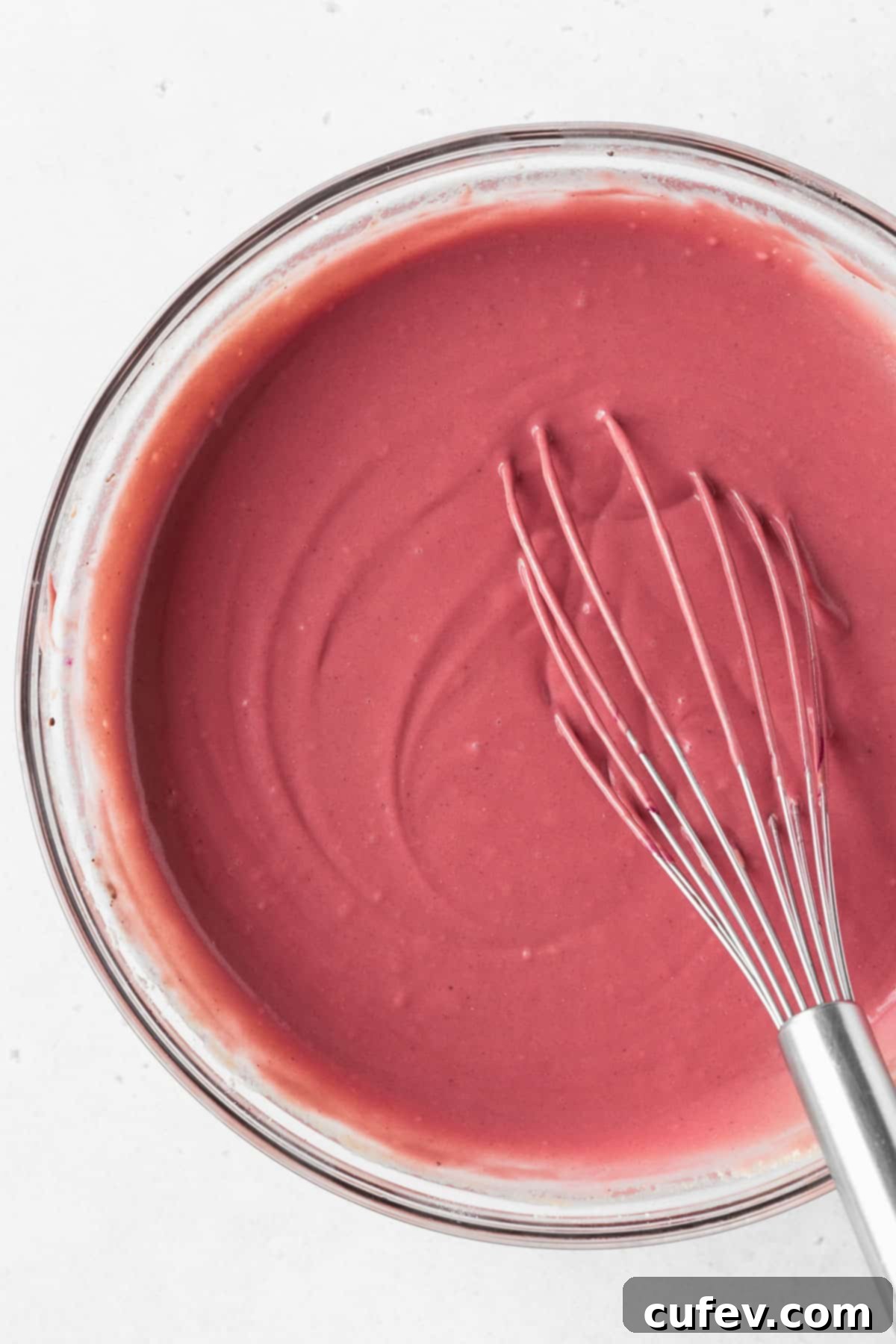 A closeup overhead shot of a glass mixing bowl of red velvet waffle batter with a whisk.