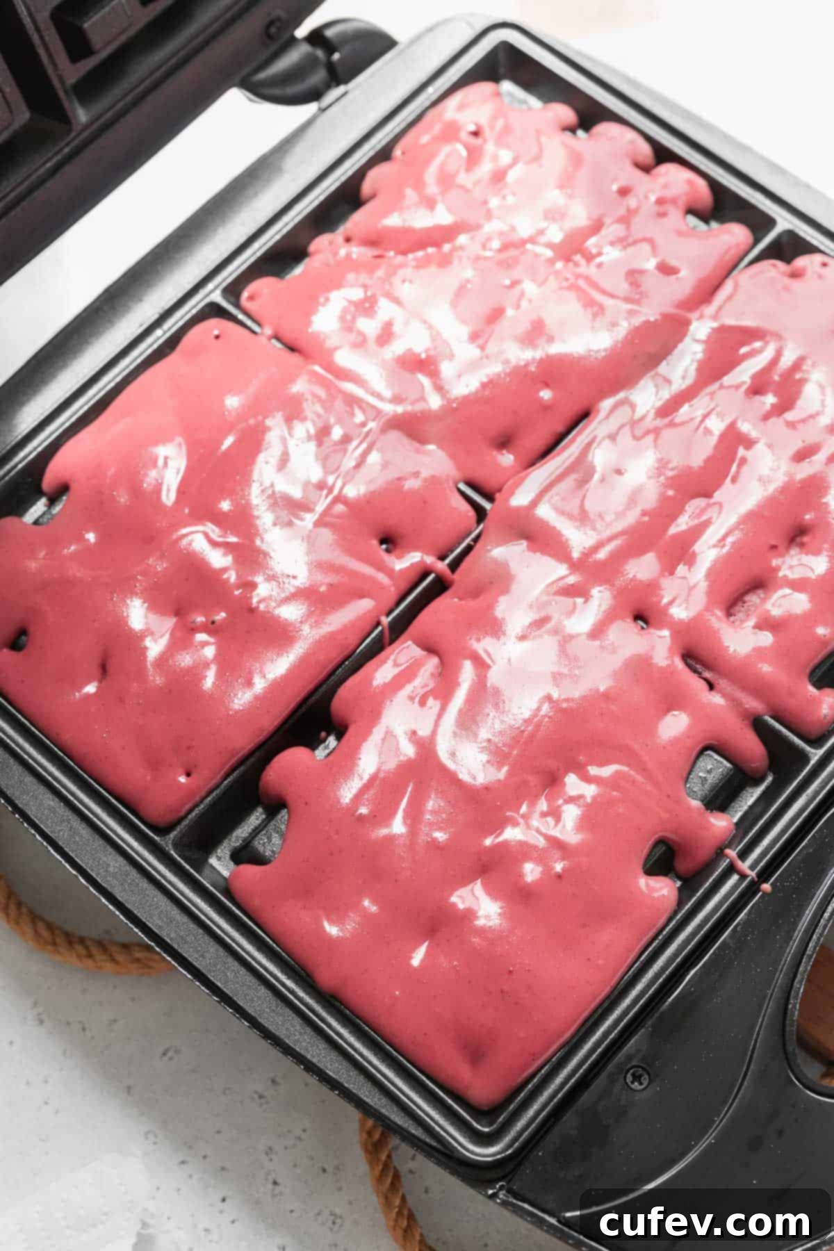 A waffle maker filled with red velvet waffle batter.