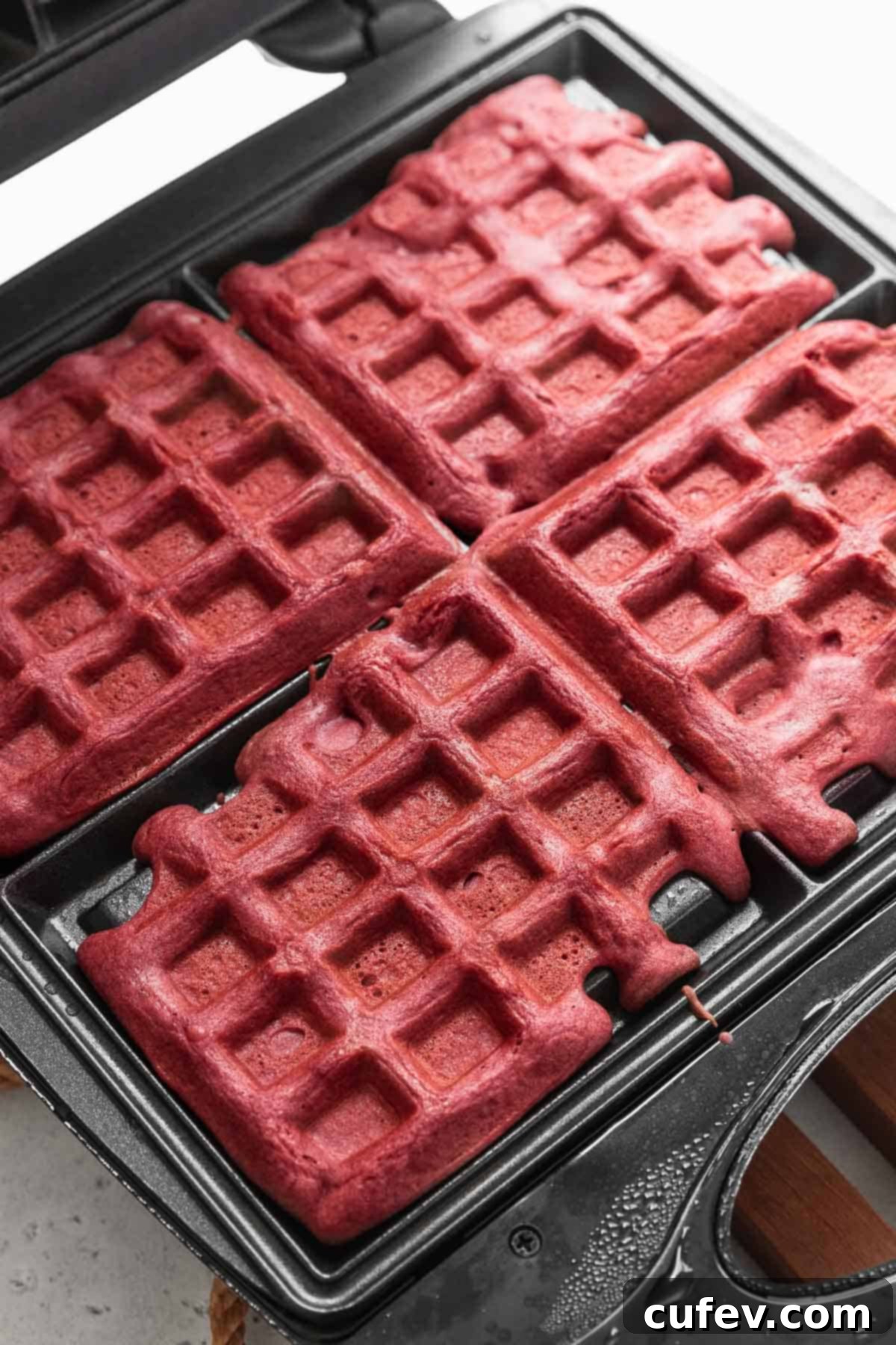 Baked red velvet waffles still in the waffle maker.