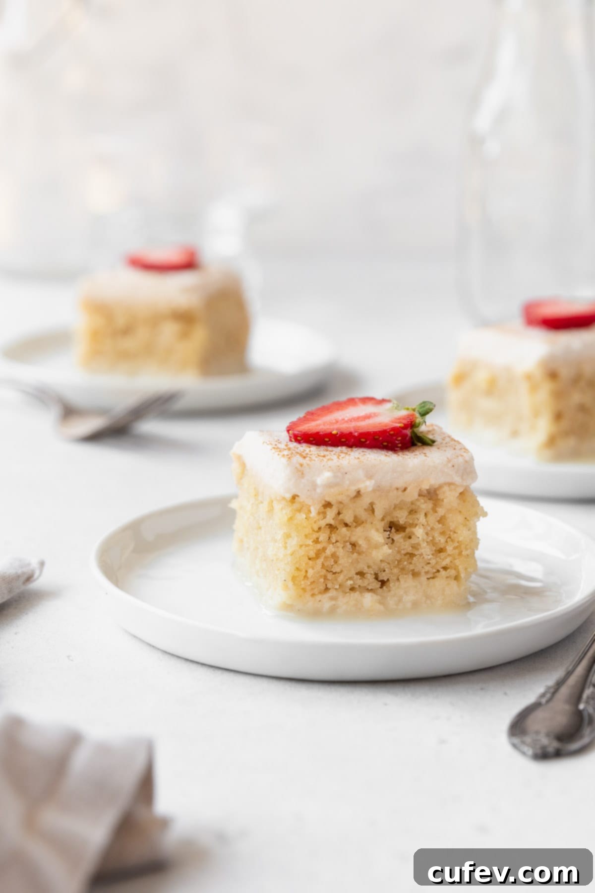 Indulgent Gluten-Free and Dairy-Free Tres Leches Cake 15 A closeup side shot of a slice of gluten-free and dairy-free tres leches cake on a dessert plate.