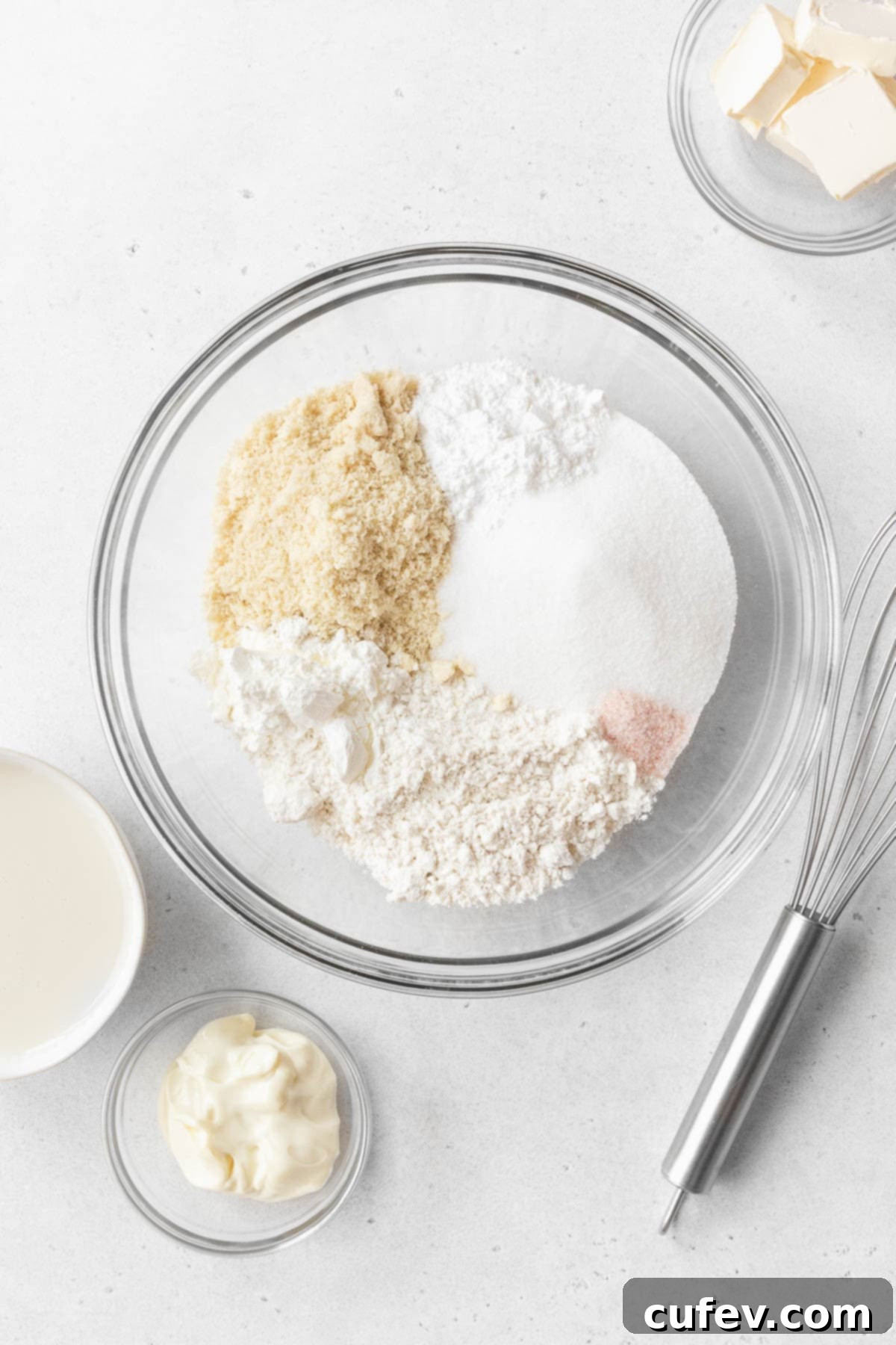 Indulgent Gluten-Free and Dairy-Free Tres Leches Cake 5 All of the dry ingredients for gluten-free and dairy-free tres leches cake in a glass mixing bowl with a whisk. The other cake ingredients sit beside the mixing bowl.