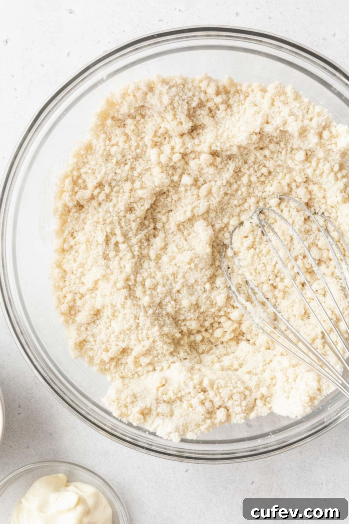 Indulgent Gluten-Free and Dairy-Free Tres Leches Cake 6 The dry ingredients for gluten-free and dairy-free tres leche cake mixed up in a glass mixing bowl.