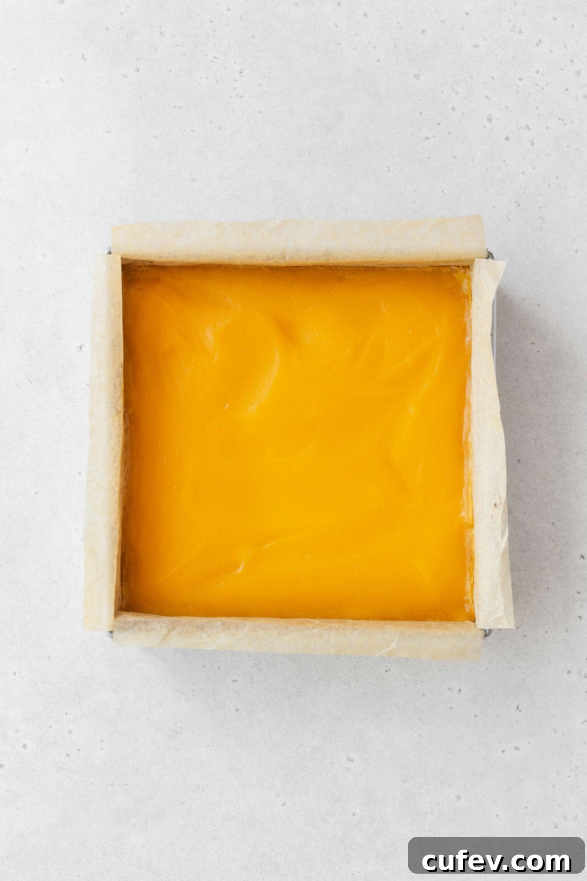 A pan of freshly baked dairy-free lemon bars, with a perfectly golden crust and set lemon filling, cooling before being dusted with powdered sugar.