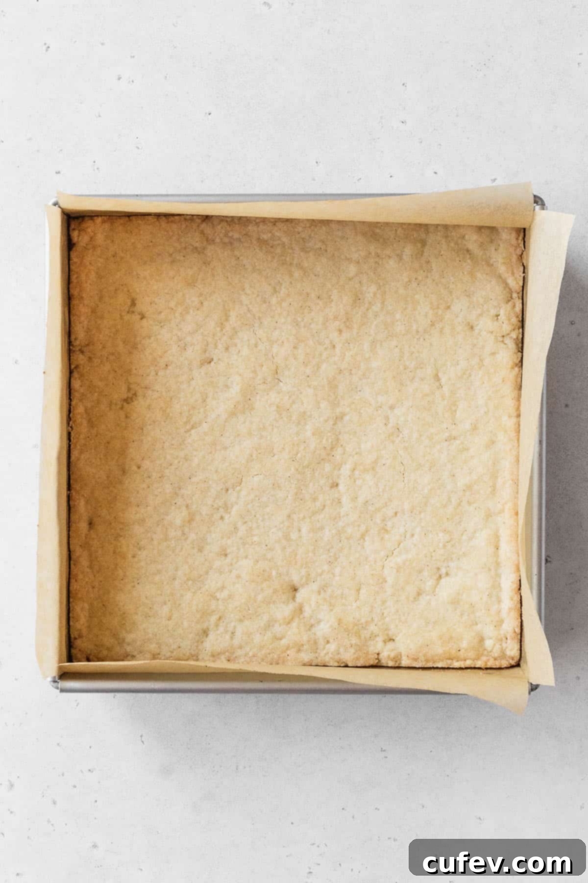 A perfectly baked, golden-brown dairy-free shortbread crust, just removed from the oven and cooling in its pan.