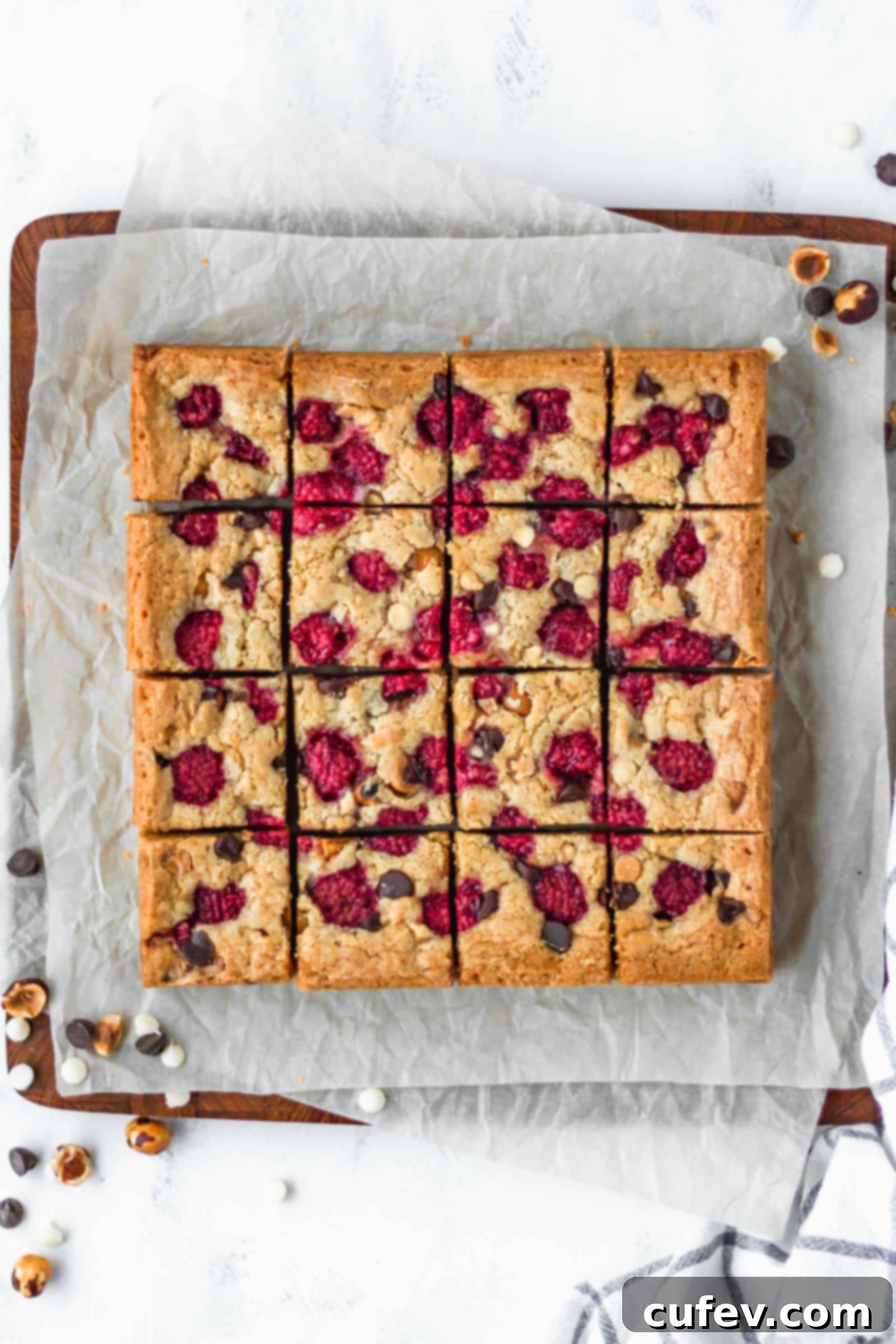 Super fudgy raspberry hazelnut chocolate chip blondies with crispy edges