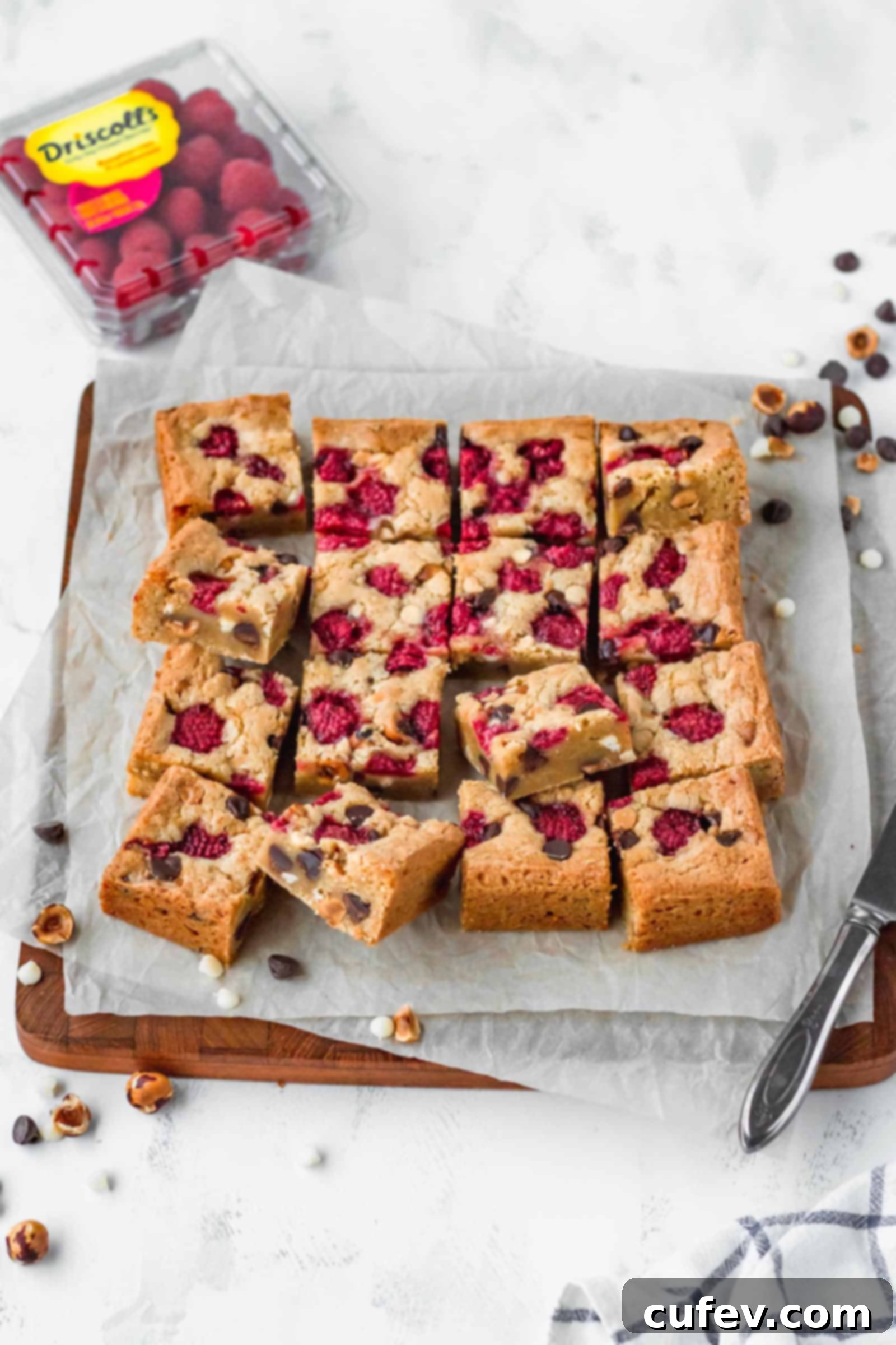Close up of raspberry hazelnut blondies with both semisweet and white chocolate chips