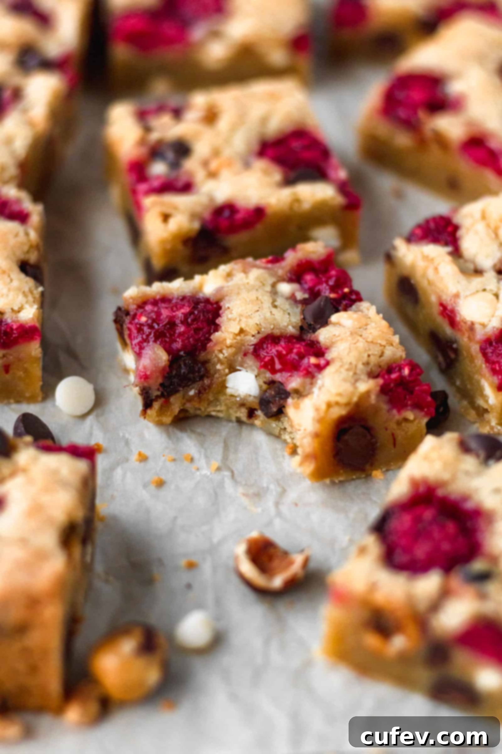 Perfectly cut raspberry hazelnut chocolate chip blondies on a cooling rack