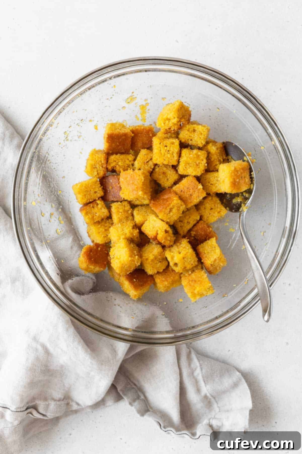 A large mixing bowl filled with cubed cornbread, olive oil, and salt, gently tossed and ready for baking into crispy croutons.