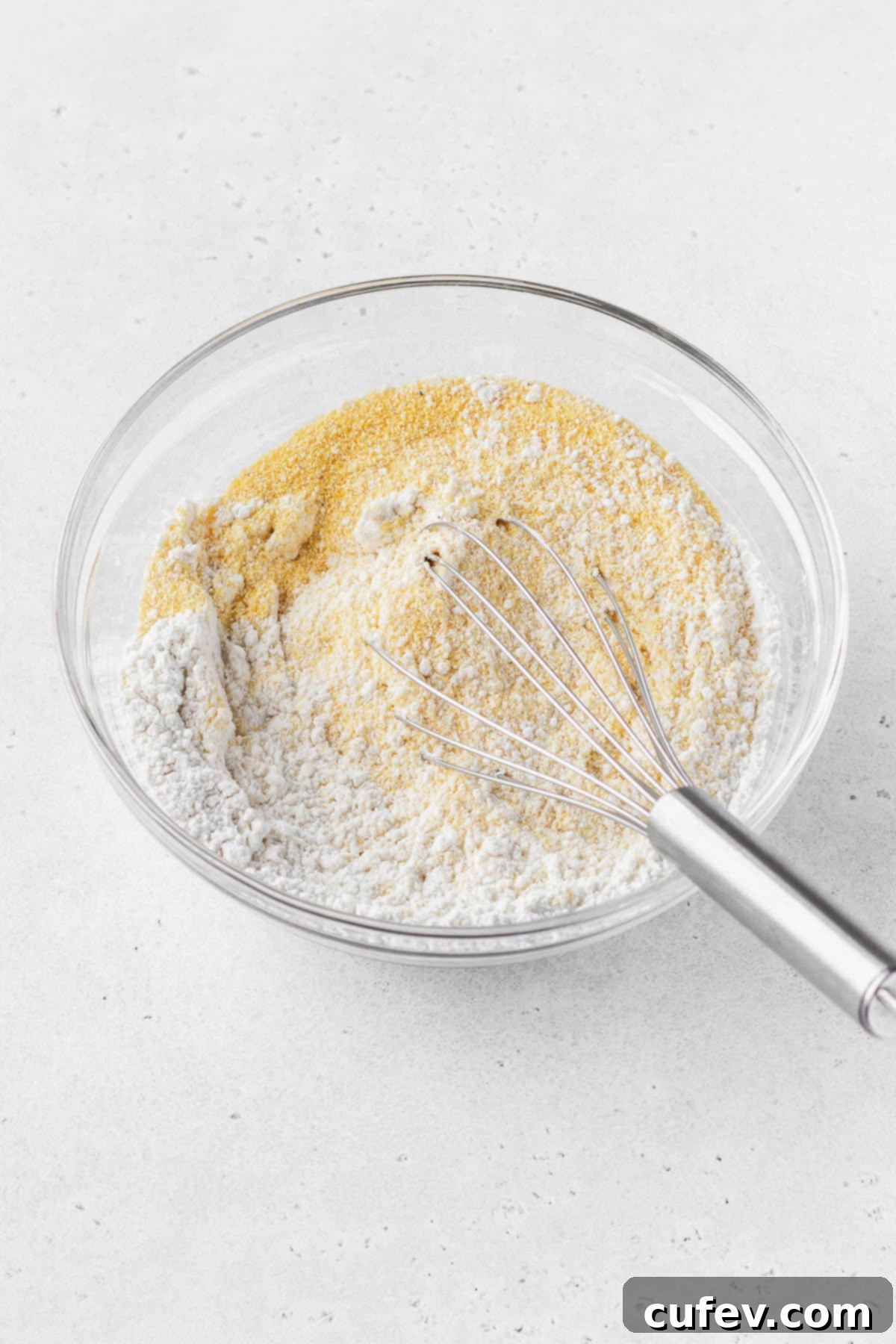 Whisking the dry cornbread ingredients – flour, cornmeal, salt, baking soda, and baking powder – together in a clear glass mixing bowl.