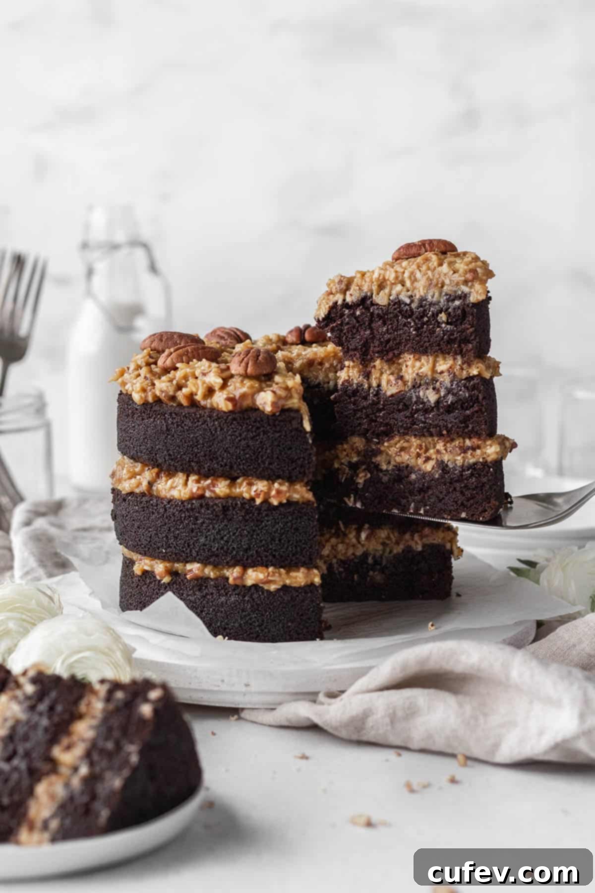 Taking a slice out of gluten-free German chocolate cake. 