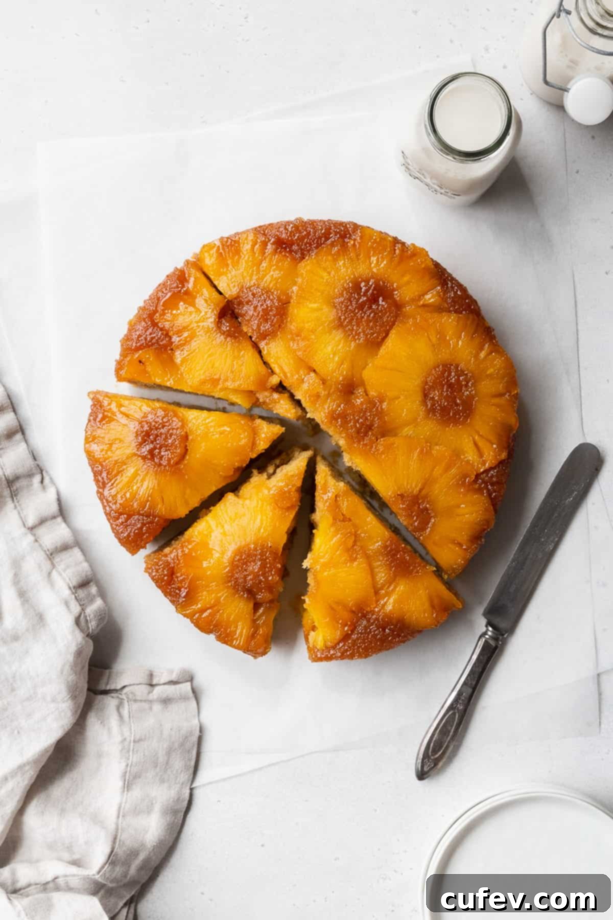 Tropical Gluten-Free Pineapple Upside Down Dream 2 A sliced gluten-free pineapple cake on the counter with a napkin and bottle of milk.