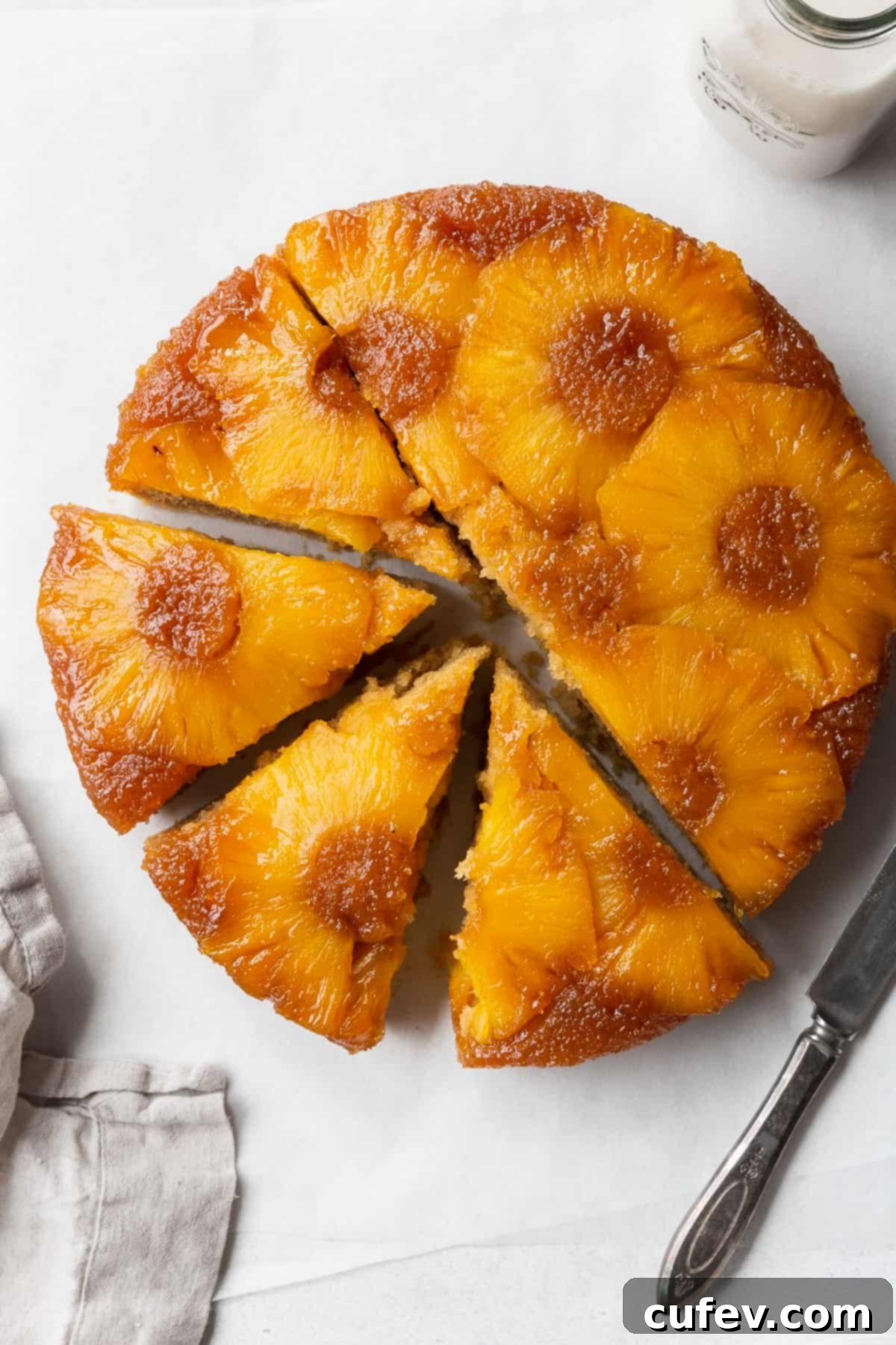 Tropical Gluten-Free Pineapple Upside Down Dream 13 Sliced gluten-free pineapple upside down cake on the counter with a napkin and knife.