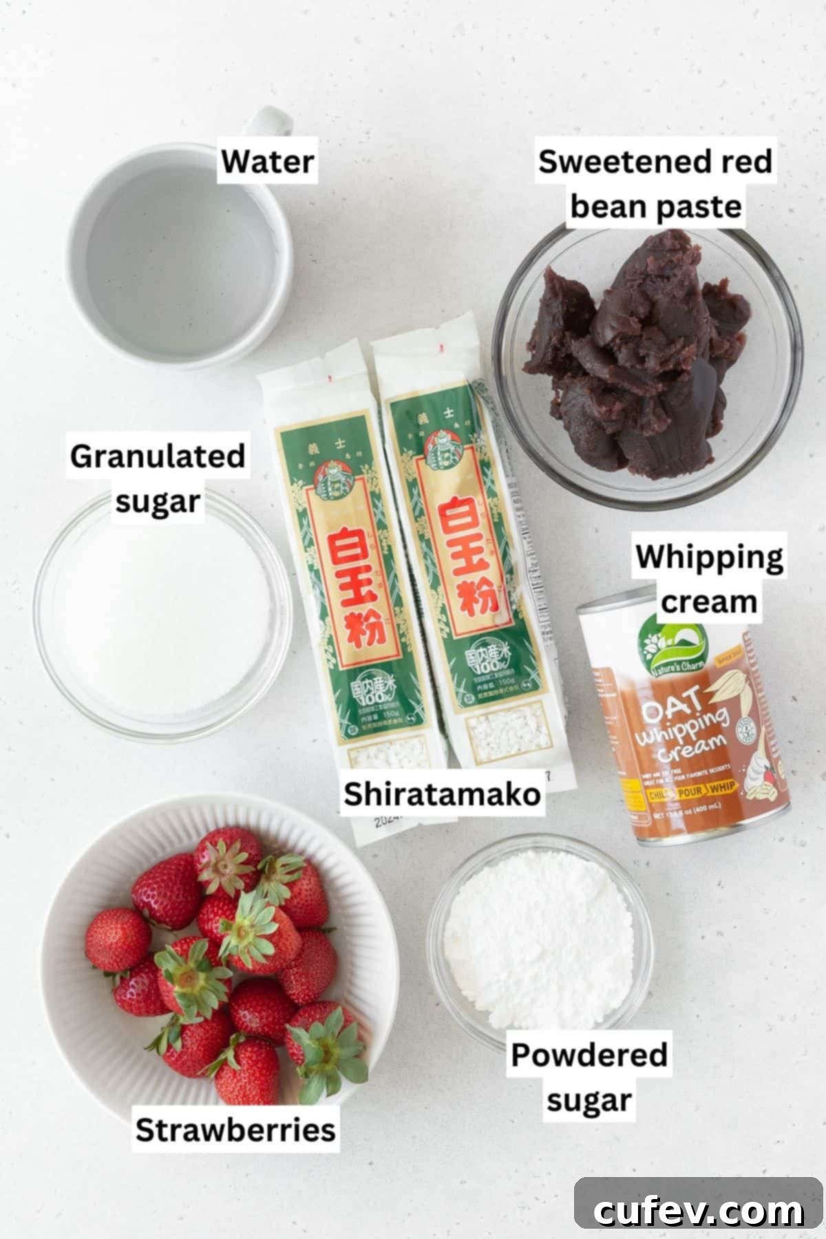 Fresh Japanese Strawberry Mochi 4 Ichigo daifuku ingredients measured out into bowls with text overlay.