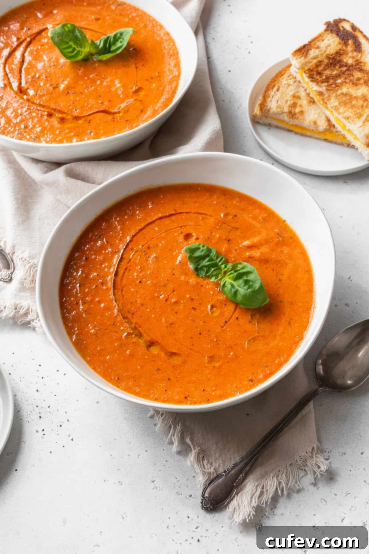 A bowl of vegan tomato soup with a sprig of basil, and a second bowl of soup and some grilled cheese sandwiches in the background.