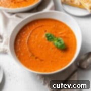 A bowl of vegan tomato soup with a drizzle of olive oil and a sprig of basil.