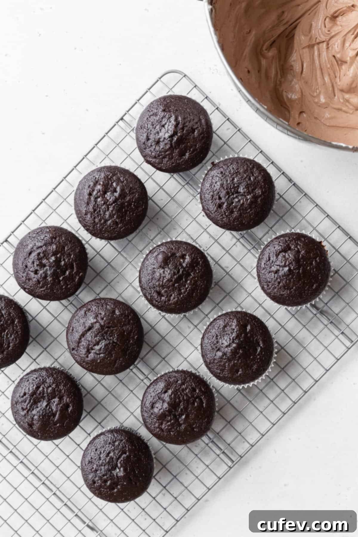 Freshly baked, unfrosted chocolate cupcakes cooling on a wire rack, steam gently rising, awaiting their decadent chocolate cream cheese frosting.