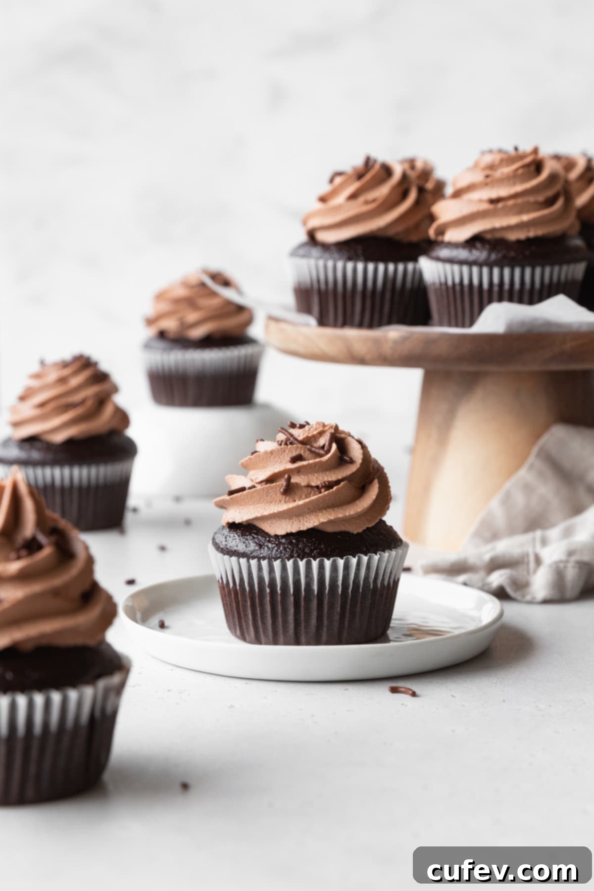 An inviting scattering of rich chocolate cupcakes, each generously crowned with swirls of smooth chocolate cream cheese frosting, artfully arranged for a tempting display.