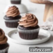 A chocolate cupcake with chocolate frosting on a white dessert plate.
