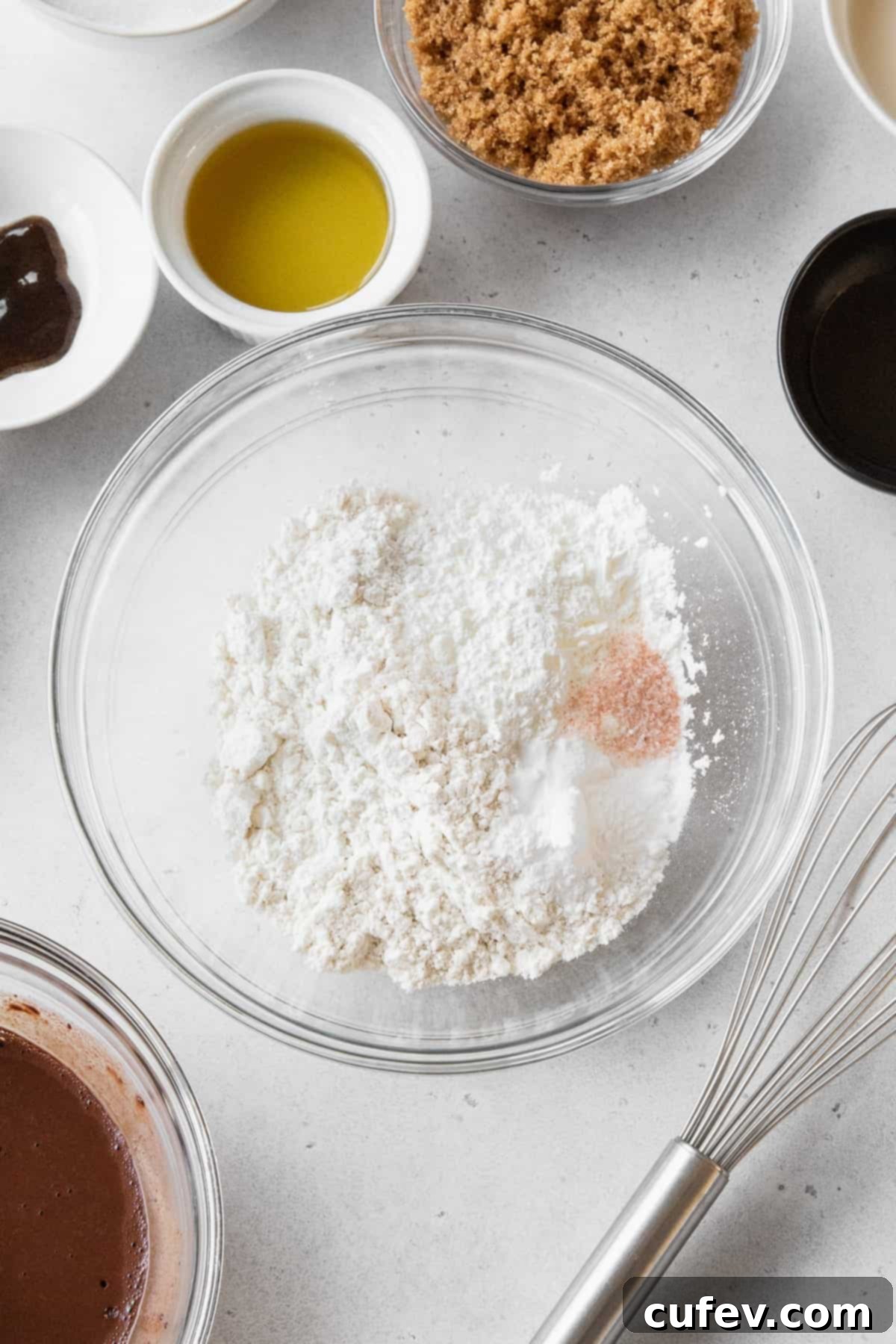 A glass bowl containing precisely measured dry ingredients for the chocolate cupcakes – all-purpose flour, cornstarch, salt, baking soda, and baking powder – meticulously combined.